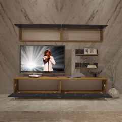 Decoraktiv Eko 5 Mdf Std Krom Ayaklı Tv Ünitesi Tv Sehpası Pera - Siyah Mermer
