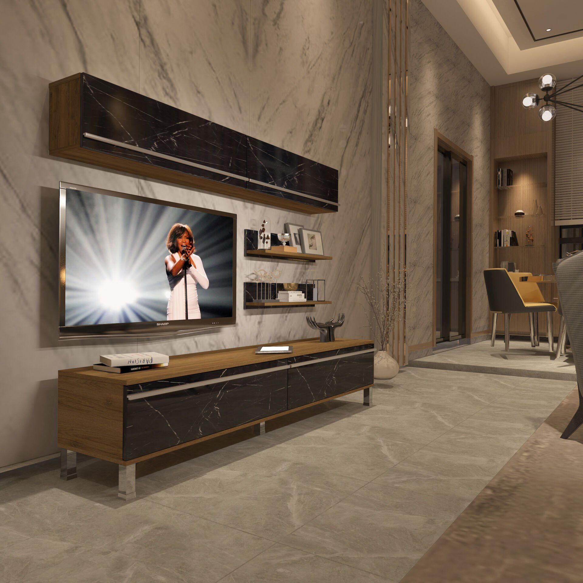 Decoraktiv Eko 5 Mdf Std Krom Ayaklı Tv Ünitesi Tv Sehpası Pera - Siyah Mermer