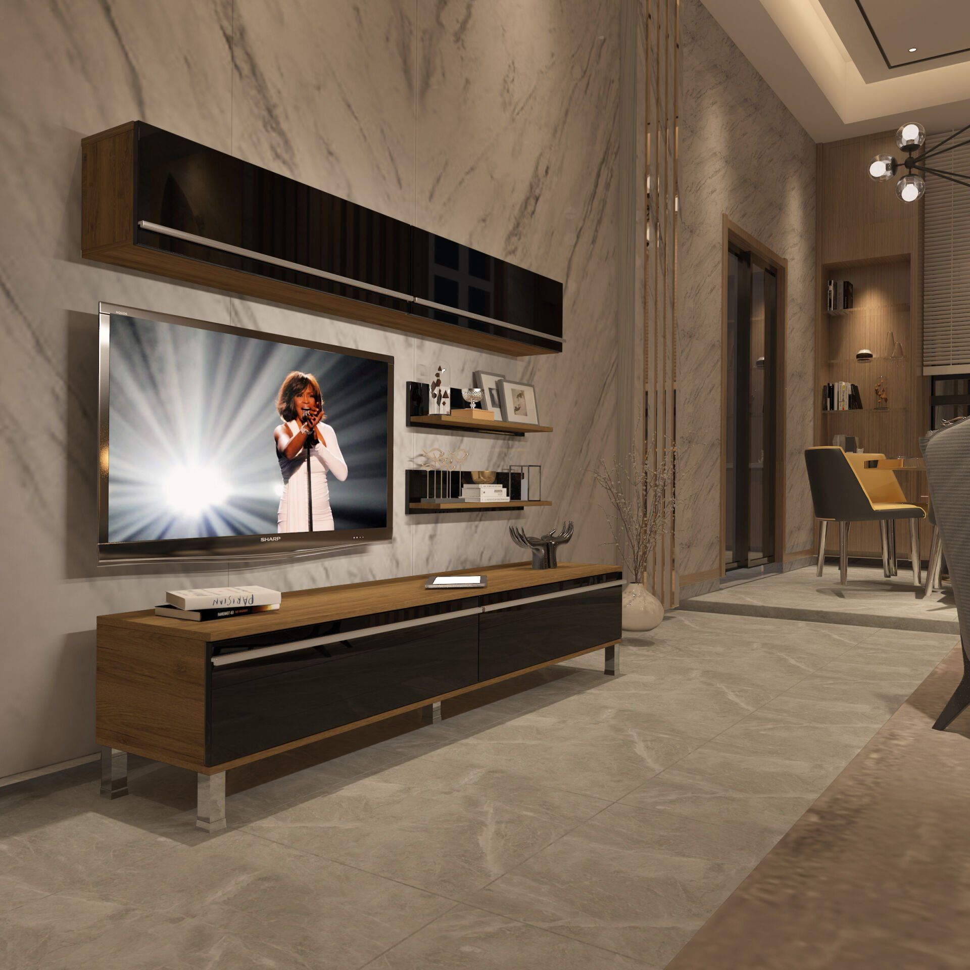 Decoraktiv Eko 5 Mdf Std Krom Ayaklı Tv Ünitesi Tv Sehpası Pera - Siyah