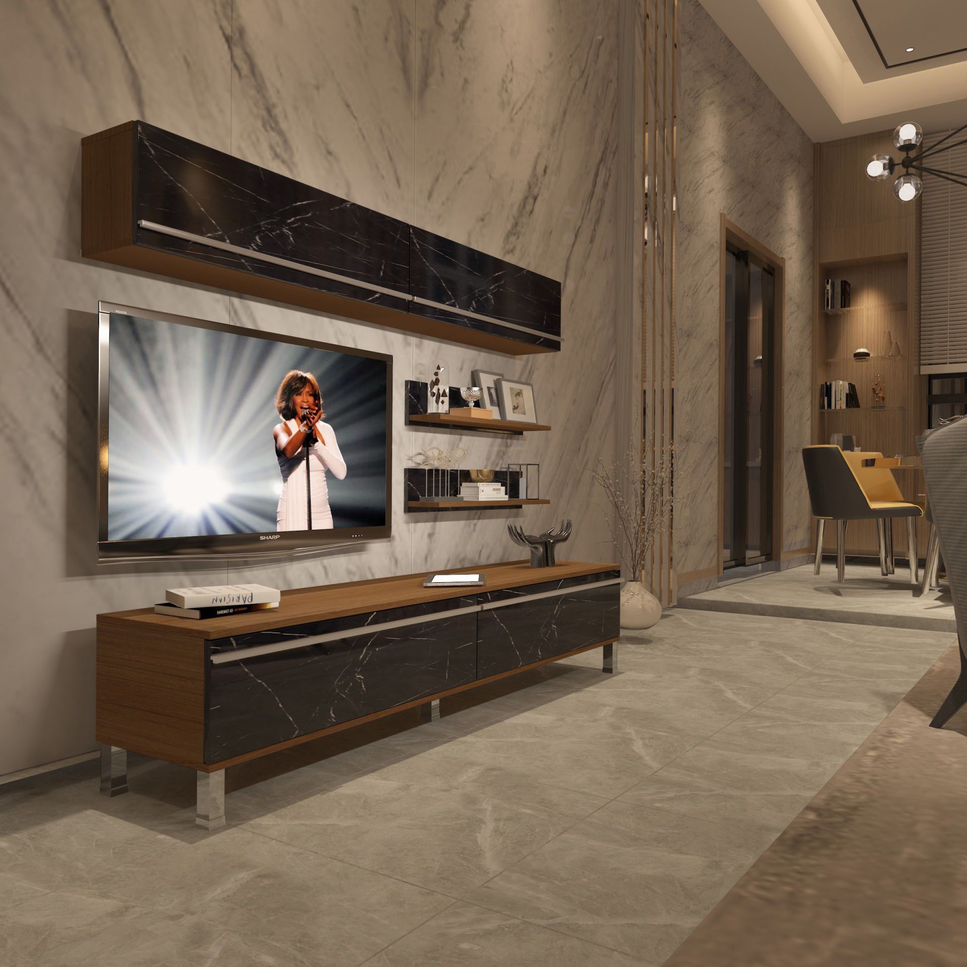Decoraktiv Eko 5 Mdf Std Krom Ayaklı Tv Ünitesi Tv Sehpası Ceviz - Siyah Mermer