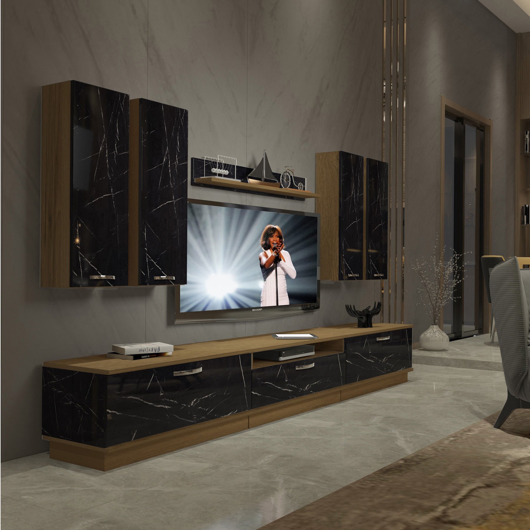 Decoraktiv Trendstyle 8D Mdf Tv Ünitesi Tv Sehpası Pera - Siyah Mermer