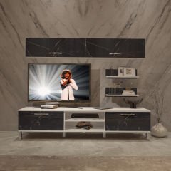 Decoraktiv Eko 5 Mdf Dvd Krom Ayaklı Tv Ünitesi Tv Sehpası Beyaz - Siyah Mermer