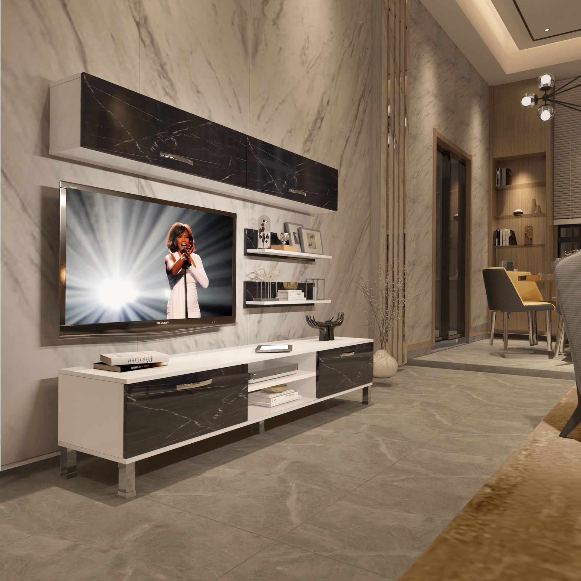 Decoraktiv Eko 5 Mdf Dvd Krom Ayaklı Tv Ünitesi Tv Sehpası Beyaz - Siyah Mermer