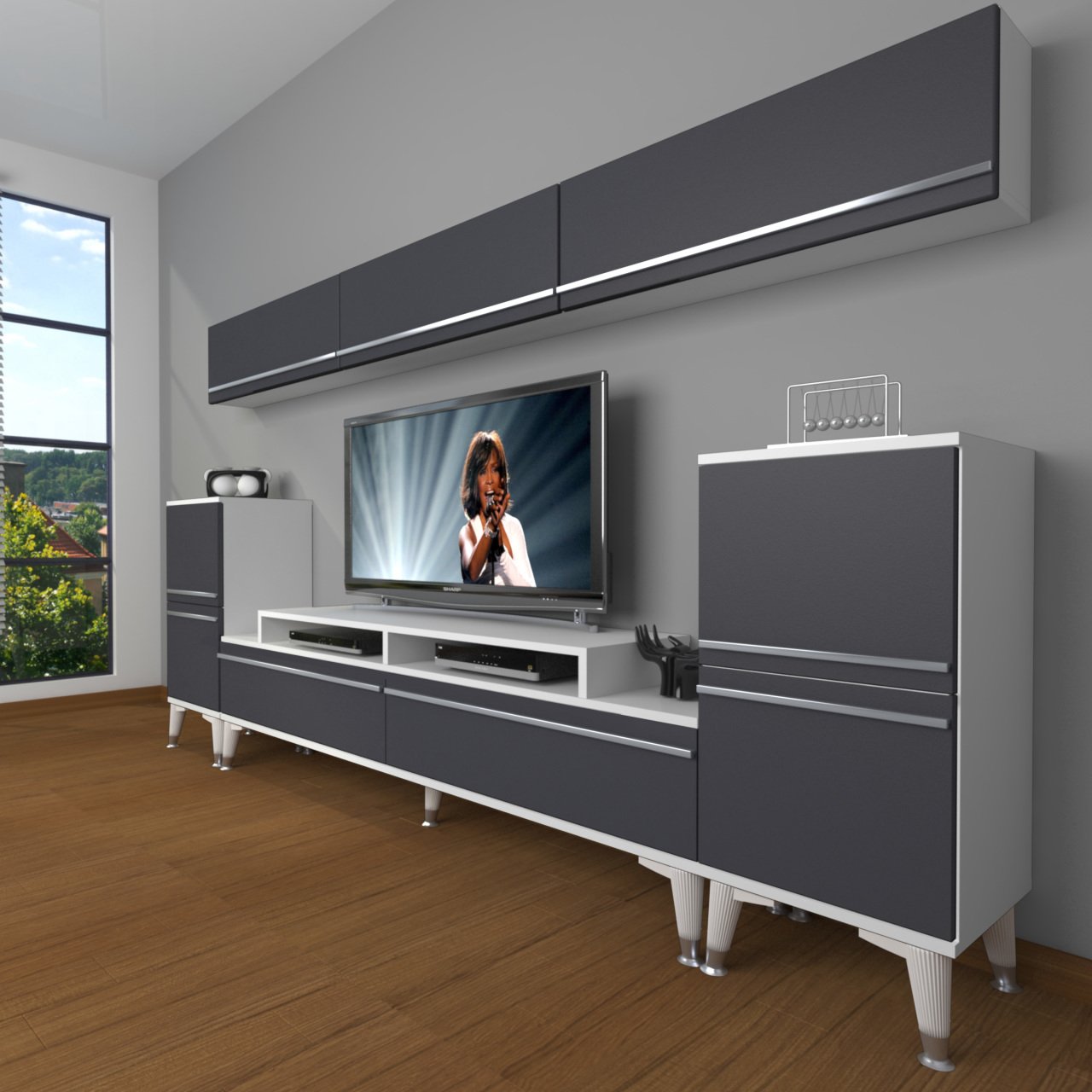 Decoraktiv Ekoflex 9 Mdf Silver Tv Ünitesi Tv Sehpası Beyaz - Antrasit