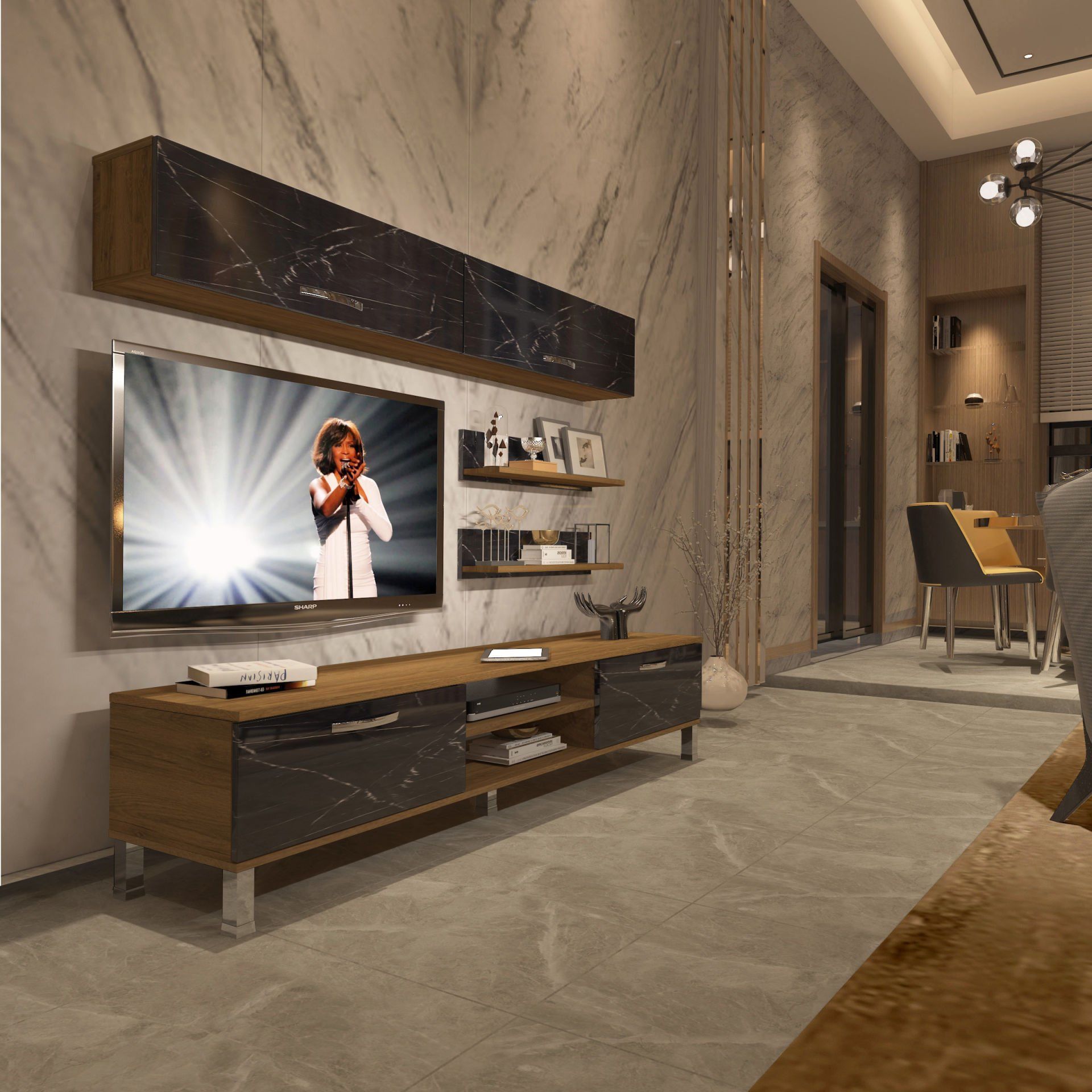 Decoraktiv Eko 5 Mdf Dvd Krom Ayaklı Tv Ünitesi Tv Sehpası Pera - Siyah Mermer