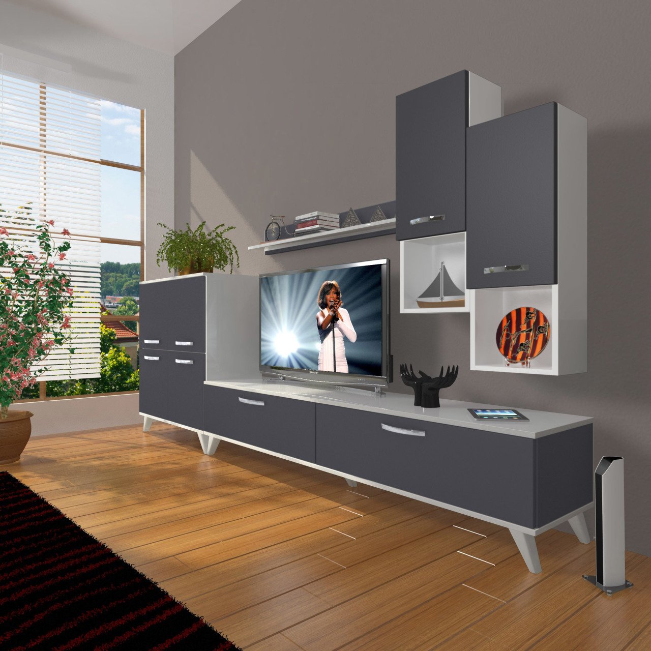 Decoraktiv Eko 6DA Mdf Std Retro Tv Ünitesi Tv Sehpası Beyaz - Antrasit