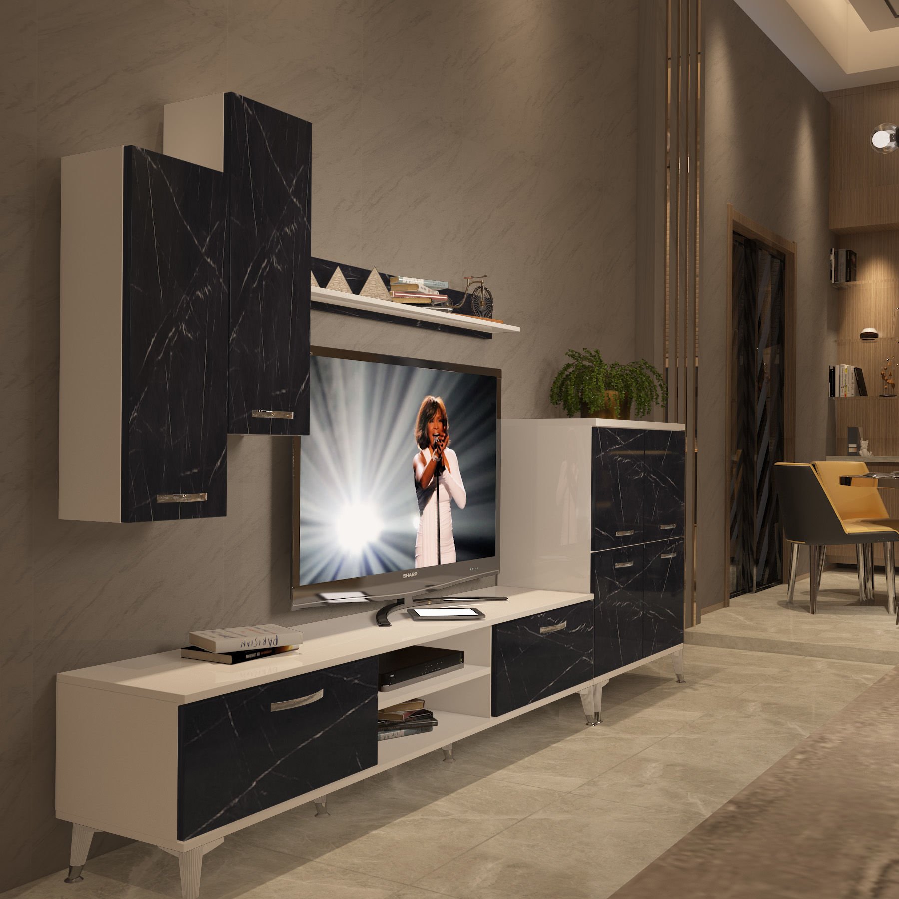 Decoraktiv Eko 6 Mdf Dvd Silver Tv Ünitesi Tv Sehpası Beyaz - Siyah Mermer
