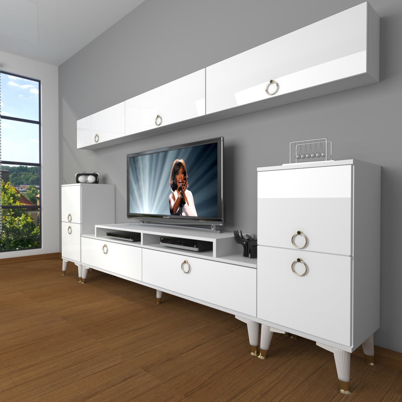 Decoraktiv Ekoflex 9 Mdf Gold Tv Ünitesi Tv Sehpası Parlak Beyaz