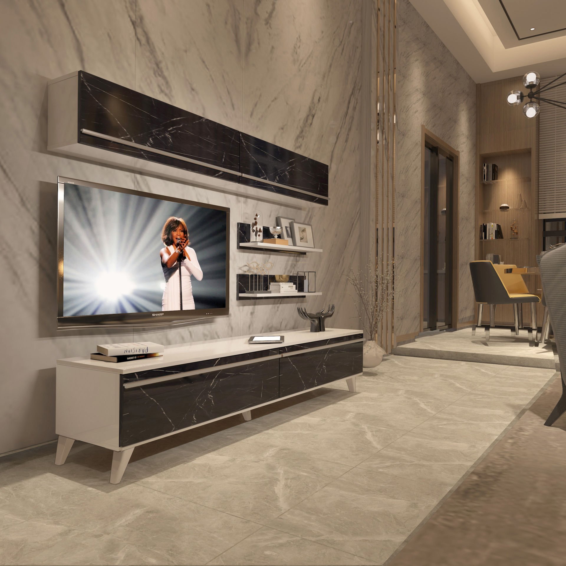 Decoraktiv Eko 5 Mdf Std Retro Tv Ünitesi Tv Sehpası Beyaz - Siyah Mermer