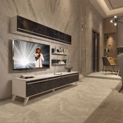 Decoraktiv Eko 5 Mdf Std Retro Tv Ünitesi Tv Sehpası Beyaz - Siyah Mermer