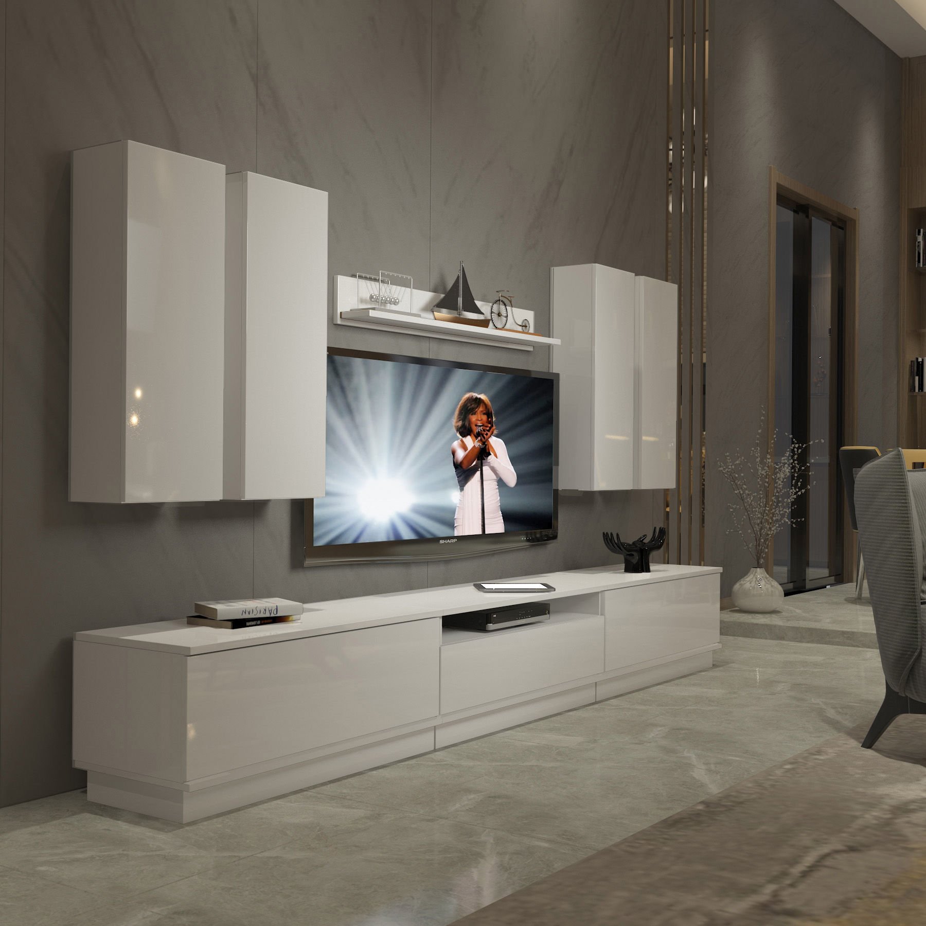 Decoraktiv Trendstyle 8DS Mdf Tv Ünitesi Tv Sehpası Parlak Beyaz