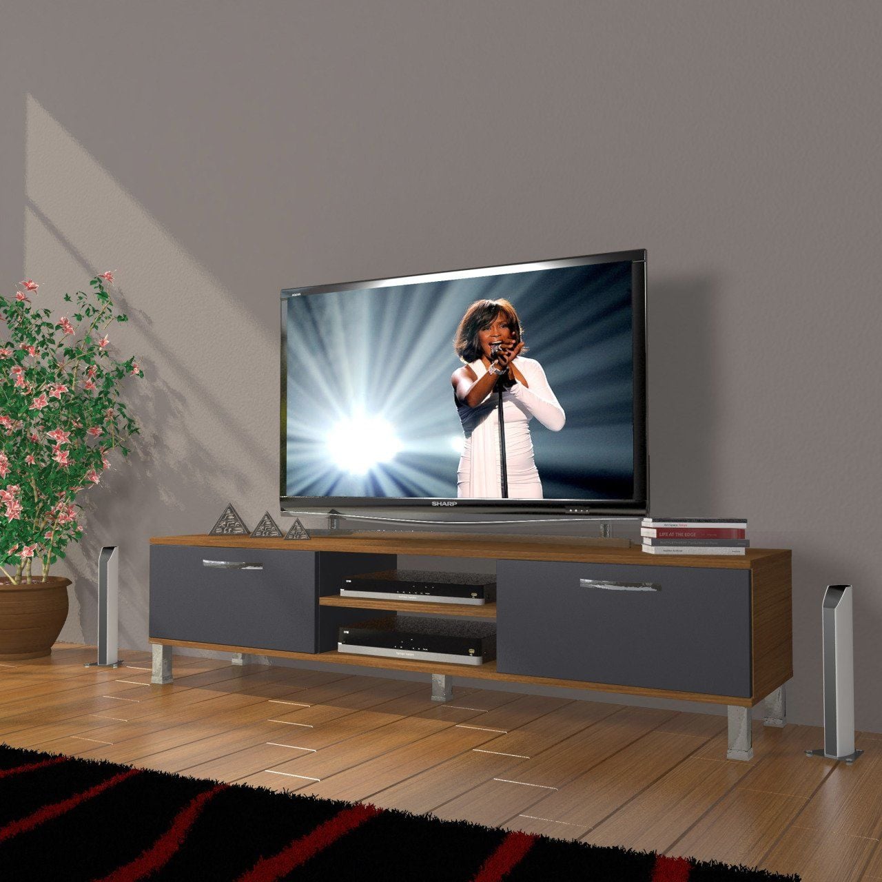 Decoraktiv Eko 140 Mdf Dvd Krom Ayaklı Tv Ünitesi Tv Sehpası Ceviz - Antrasit