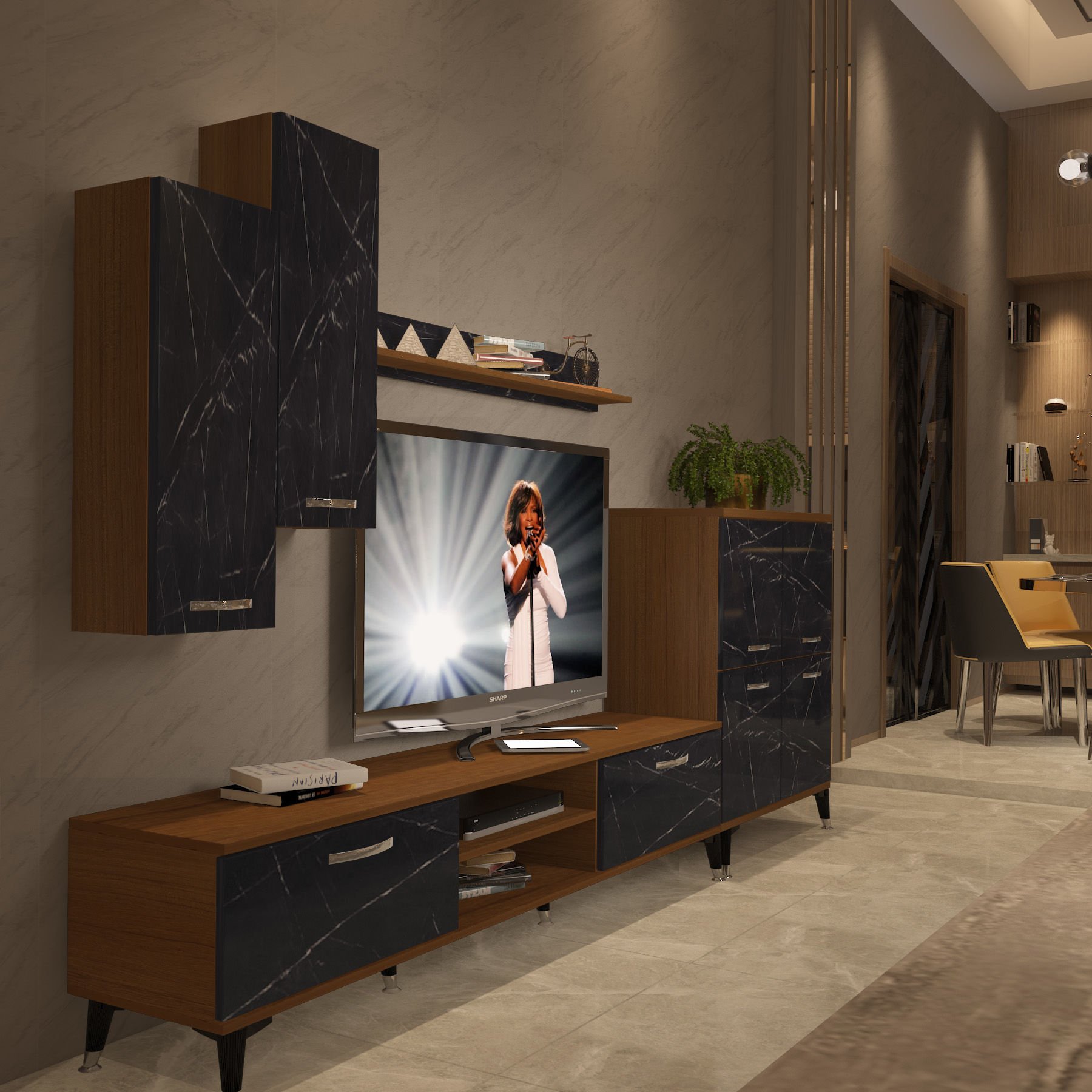 Decoraktiv Eko 6 Mdf Dvd Silver Tv Ünitesi Tv Sehpası Ceviz - Siyah Mermer