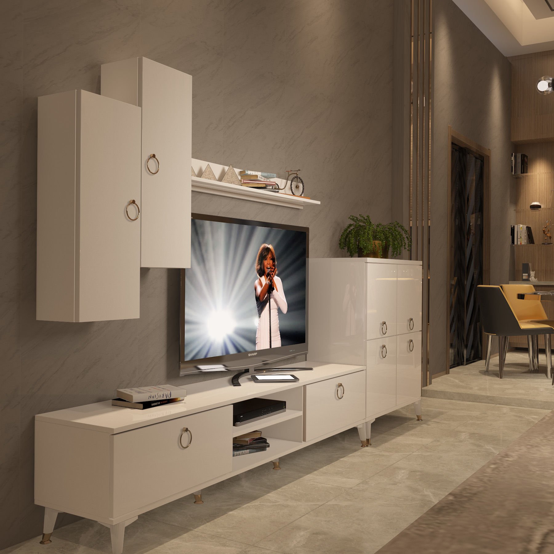Decoraktiv Eko 6 Mdf Dvd Gold Tv Ünitesi Tv Sehpası Parlak Beyaz