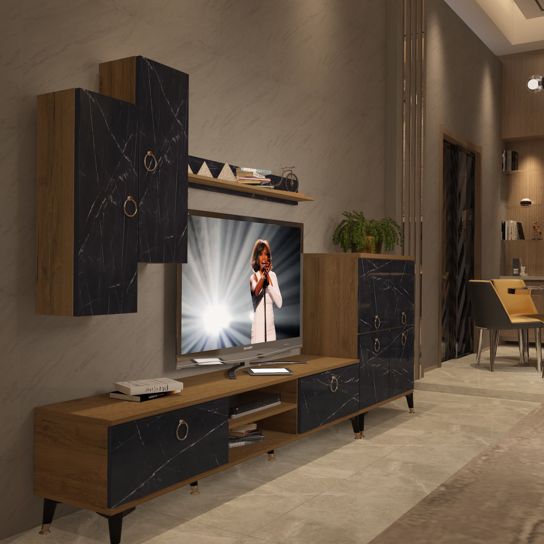 Decoraktiv Eko 6 Mdf Dvd Gold Tv Ünitesi Tv Sehpası Pera - Siyah Mermer