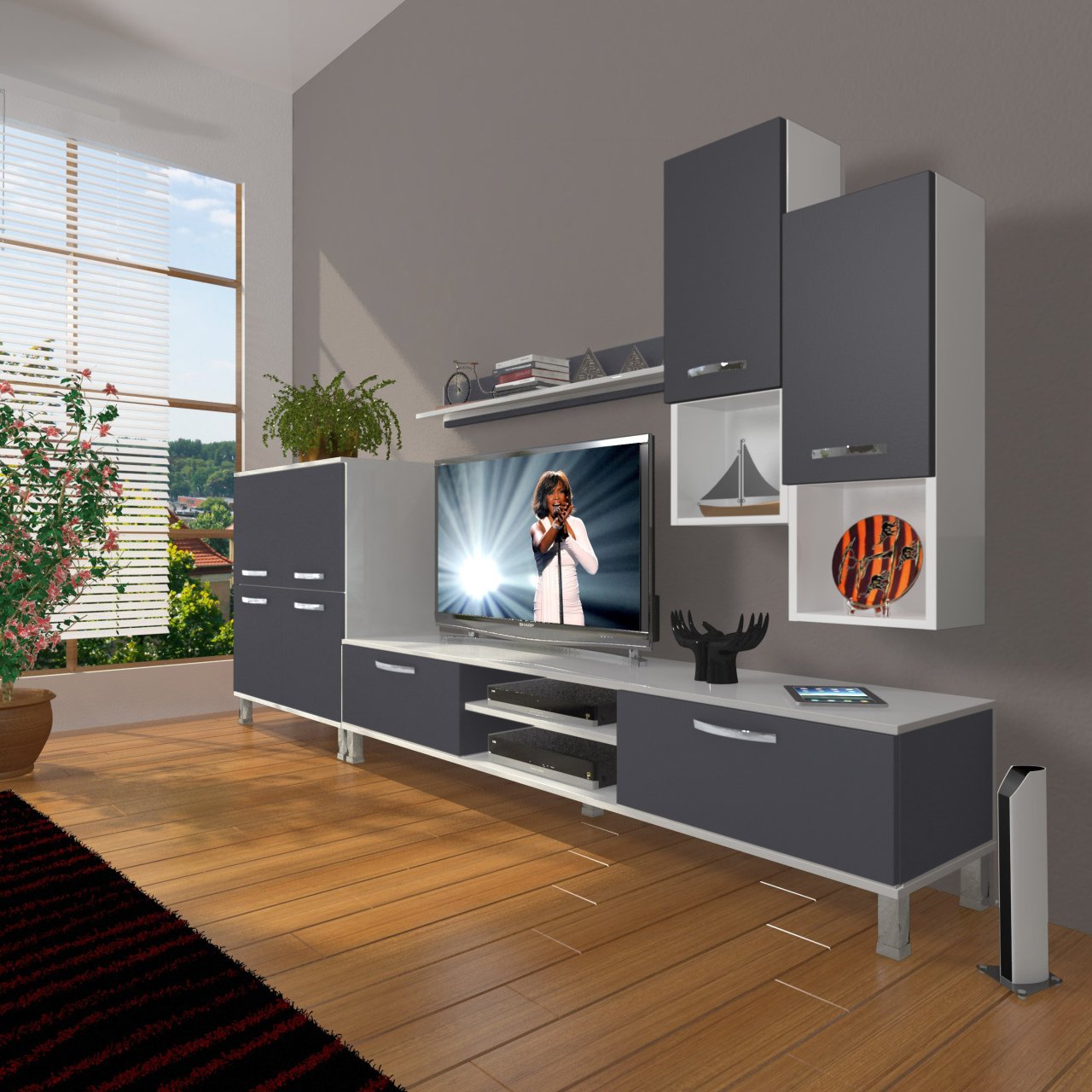 Decoraktiv Eko 6DA Mdf Dvd Krom Ayaklı Tv Ünitesi Tv Sehpası Beyaz - Antrasit