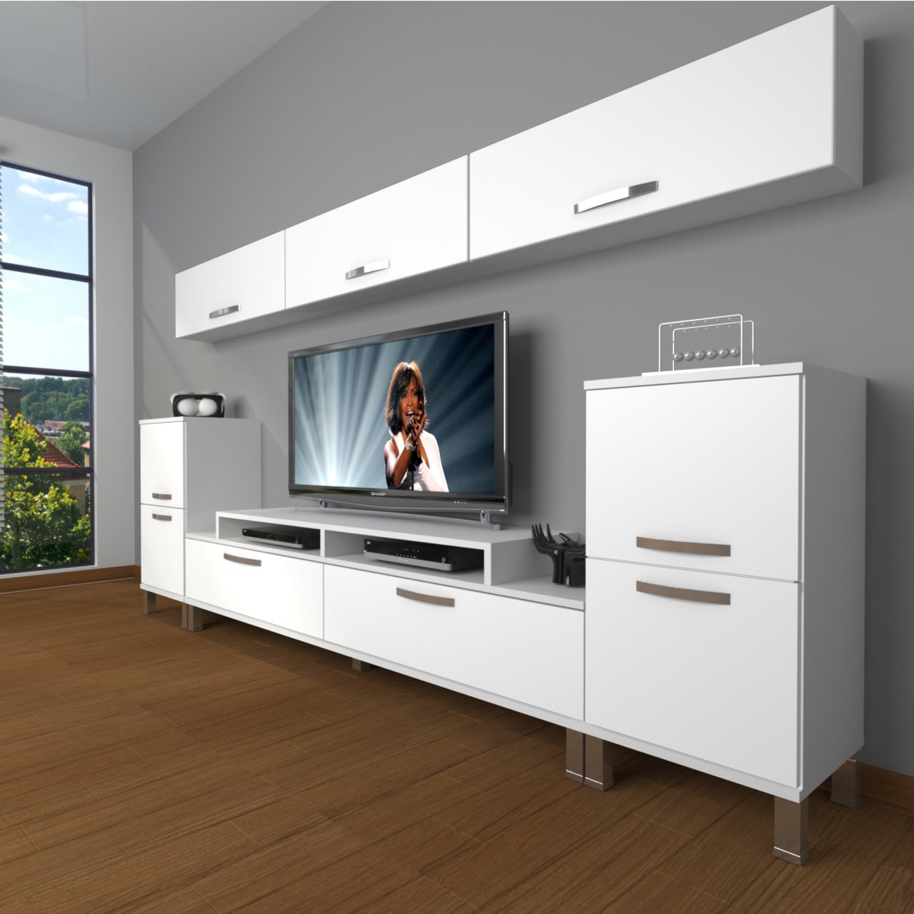 Decoraktiv Ekoflex 9 Slm Krom Ayaklı Tv Ünitesi Tv Sehpası Parlak Beyaz