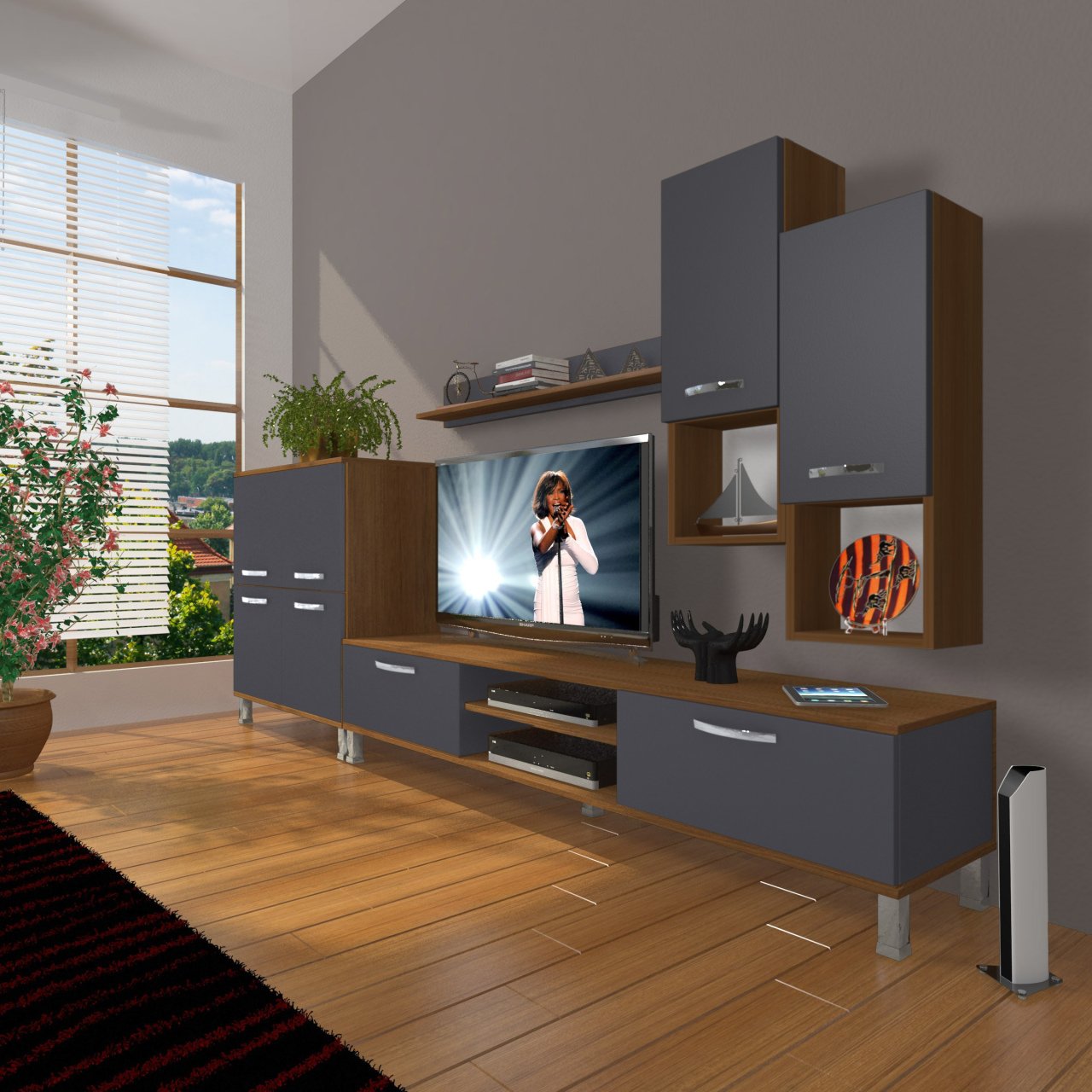 Decoraktiv Eko 6DA Mdf Dvd Krom Ayaklı Tv Ünitesi Tv Sehpası Ceviz - Antrasit