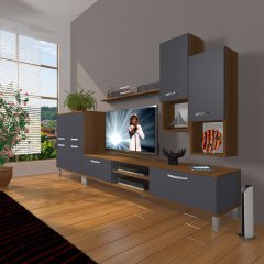Decoraktiv Eko 6DA Mdf Dvd Krom Ayaklı Tv Ünitesi Tv Sehpası Ceviz - Antrasit