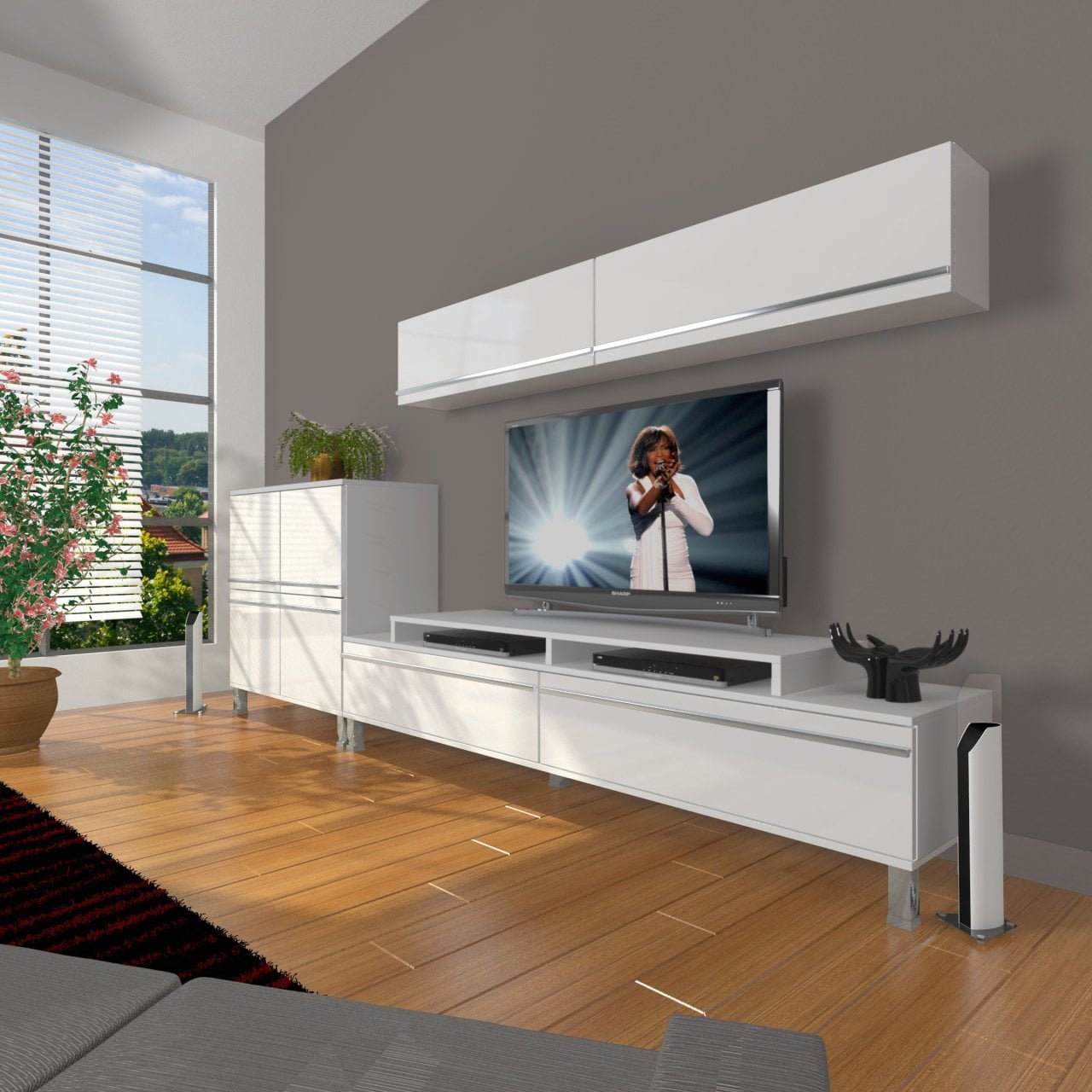 Decoraktiv Ekoflex 6Y Mdf Krom Ayaklı Tv Ünitesi Tv Sehpası Parlak Beyaz