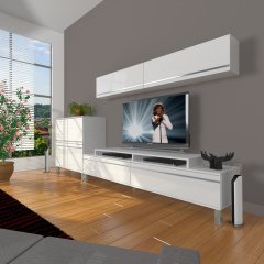 Decoraktiv Ekoflex 6Y Mdf Krom Ayaklı Tv Ünitesi Tv Sehpası Parlak Beyaz