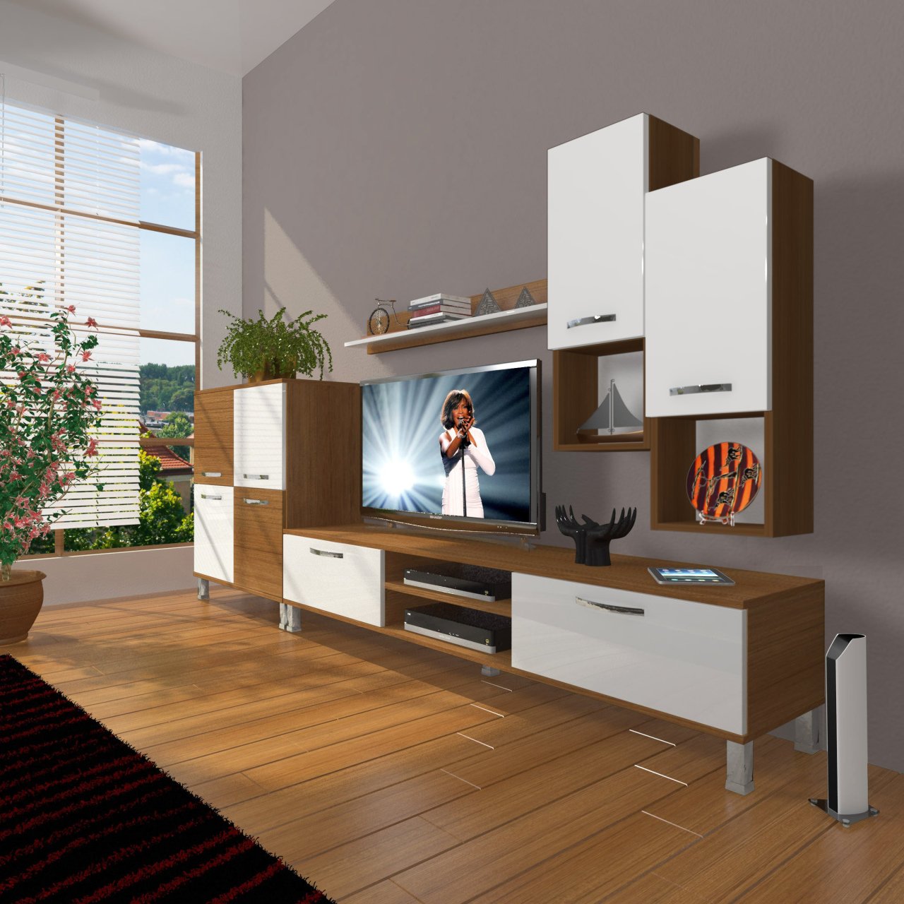 Decoraktiv Eko 6DA Mdf Dvd Krom Ayaklı Tv Ünitesi Tv Sehpası Ceviz - Beyaz