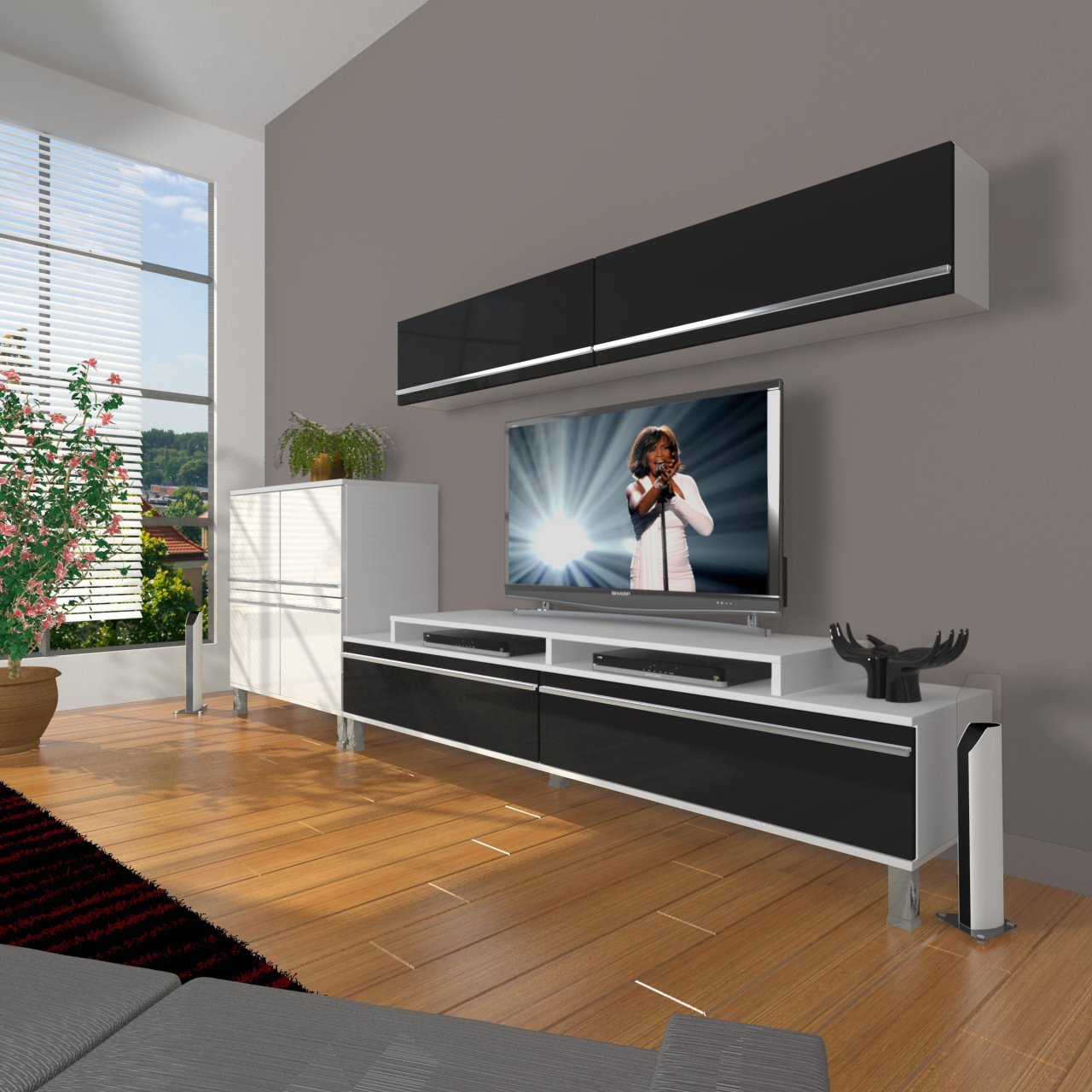 Decoraktiv Ekoflex 6Y Mdf Krom Ayaklı Tv Ünitesi Tv Sehpası Beyaz - Siyah