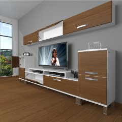 Decoraktiv Ekoflex 9 Slm Krom Ayaklı Tv Ünitesi Tv Sehpası Beyaz - Ceviz