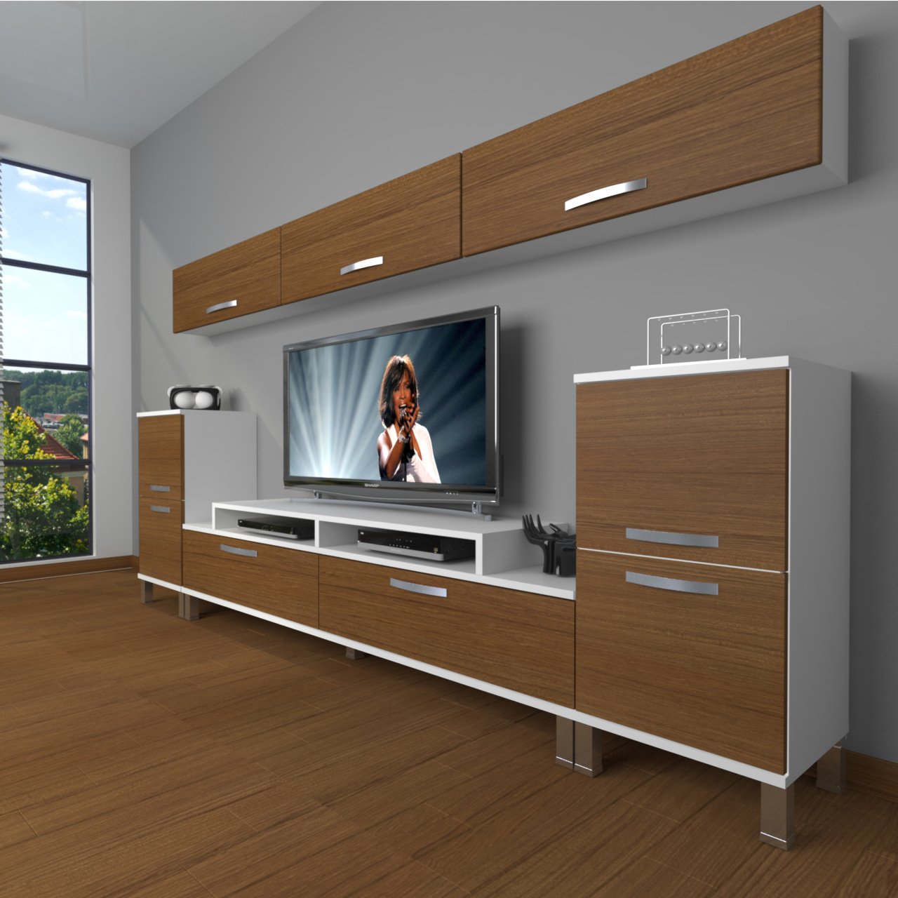 Decoraktiv Ekoflex 9 Slm Krom Ayaklı Tv Ünitesi Tv Sehpası Beyaz - Ceviz
