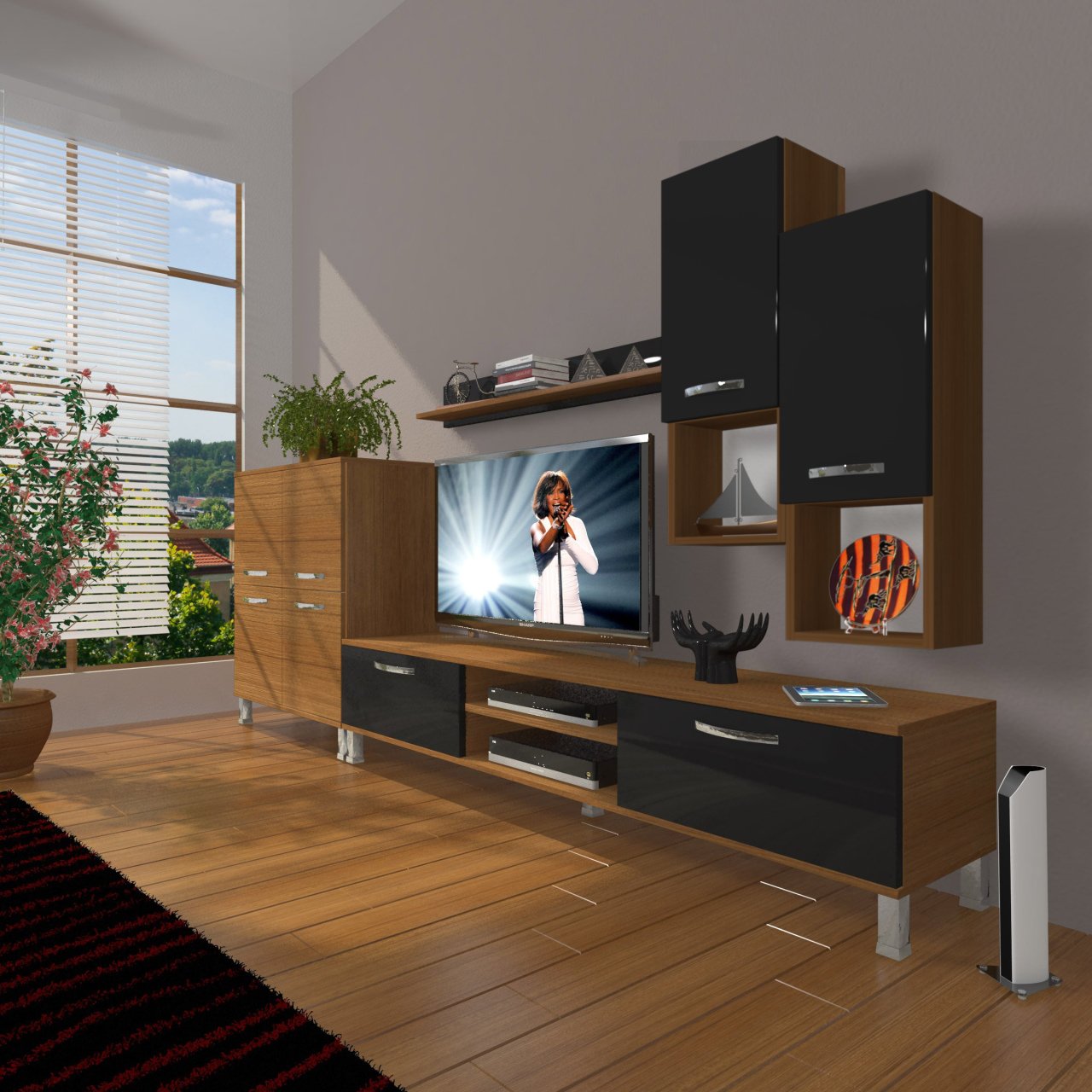 Decoraktiv Eko 6DA Mdf Dvd Krom Ayaklı Tv Ünitesi Tv Sehpası Ceviz - Siyah