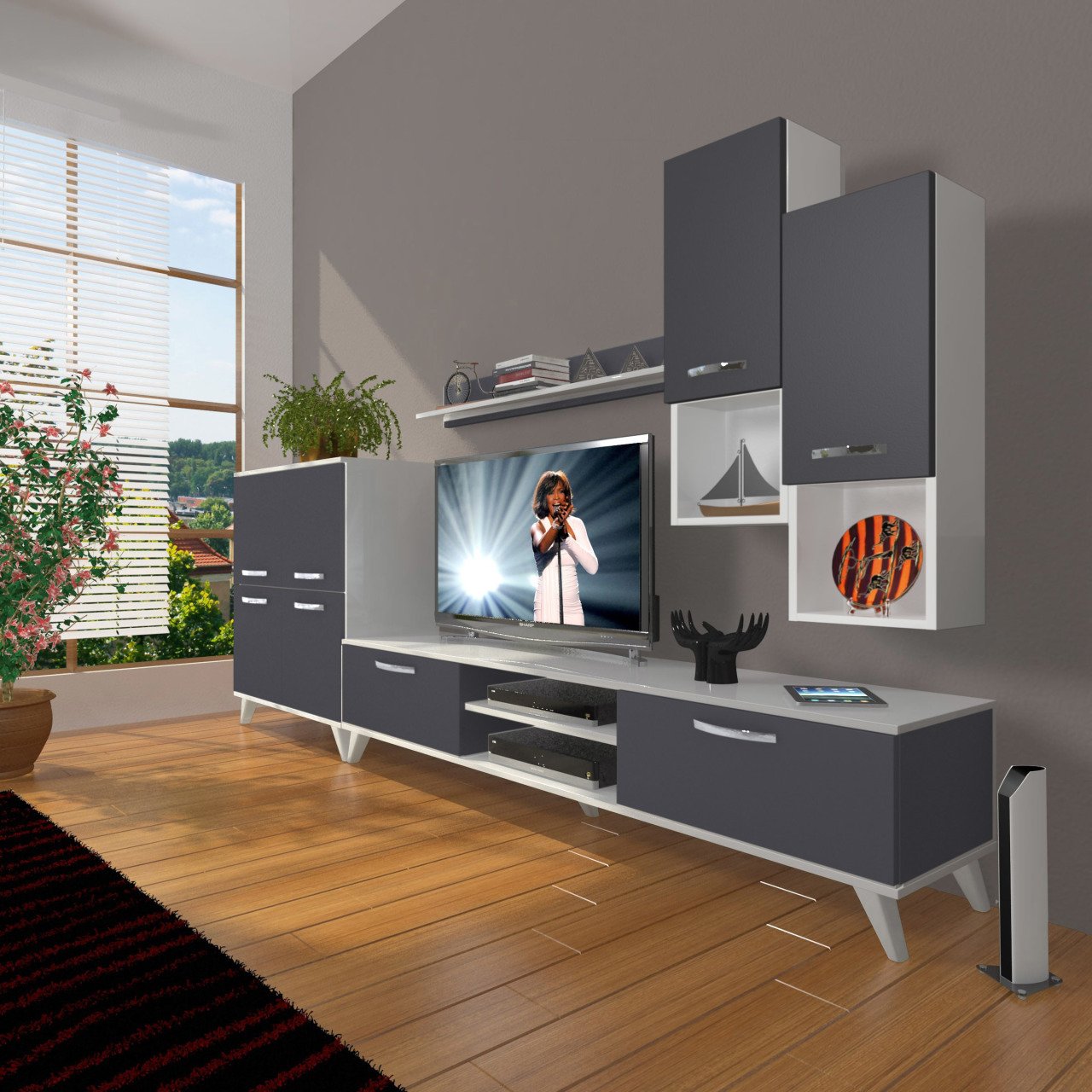 Decoraktiv Eko 6DA Mdf Dvd Retro Tv Ünitesi Tv Sehpası Beyaz - Antrasit