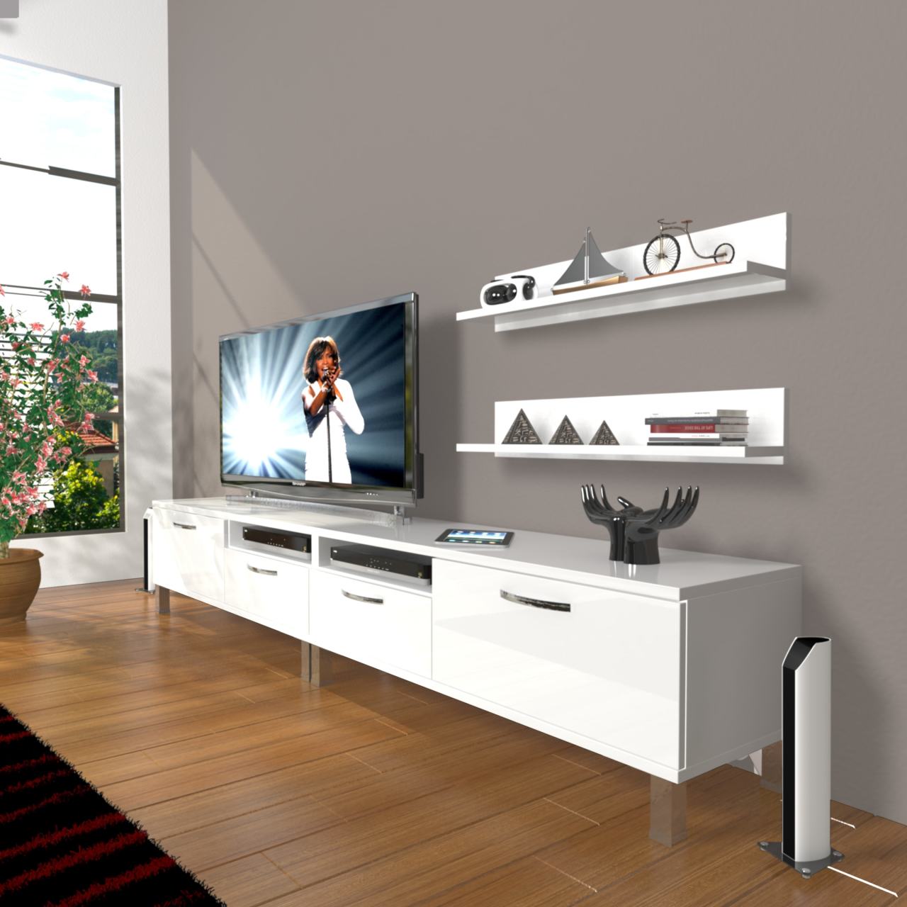 Decoraktiv Eko 220r Slm Krom Ayaklı Tv Ünitesi Tv Sehpası Parlak Beyaz