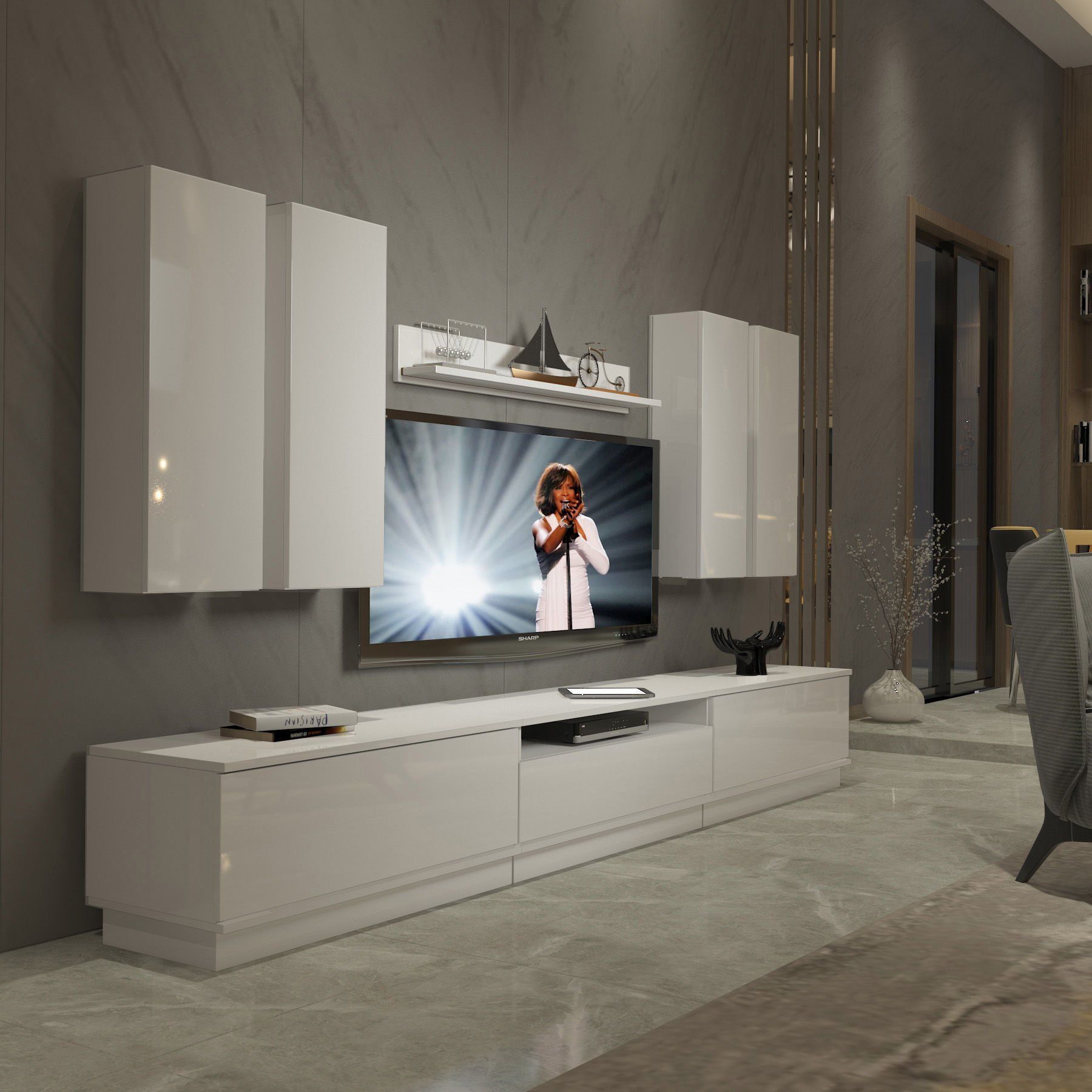 Decoraktiv Trendstyle 8DS Slm Tv Ünitesi Tv Sehpası Parlak Beyaz