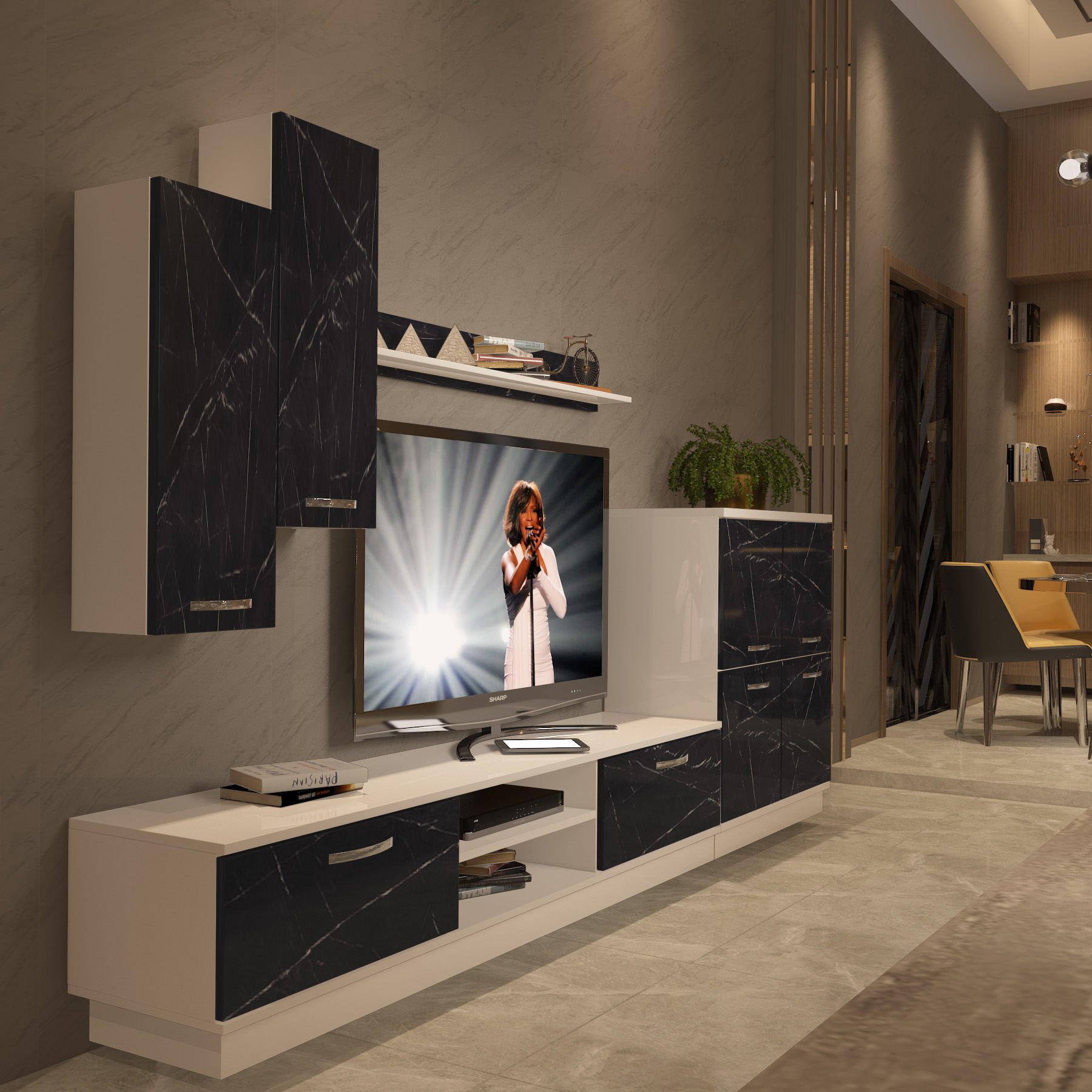 Decoraktiv Eko 6B Mdf Dvd Tv Ünitesi Tv Sehpası Beyaz - Siyah Mermer