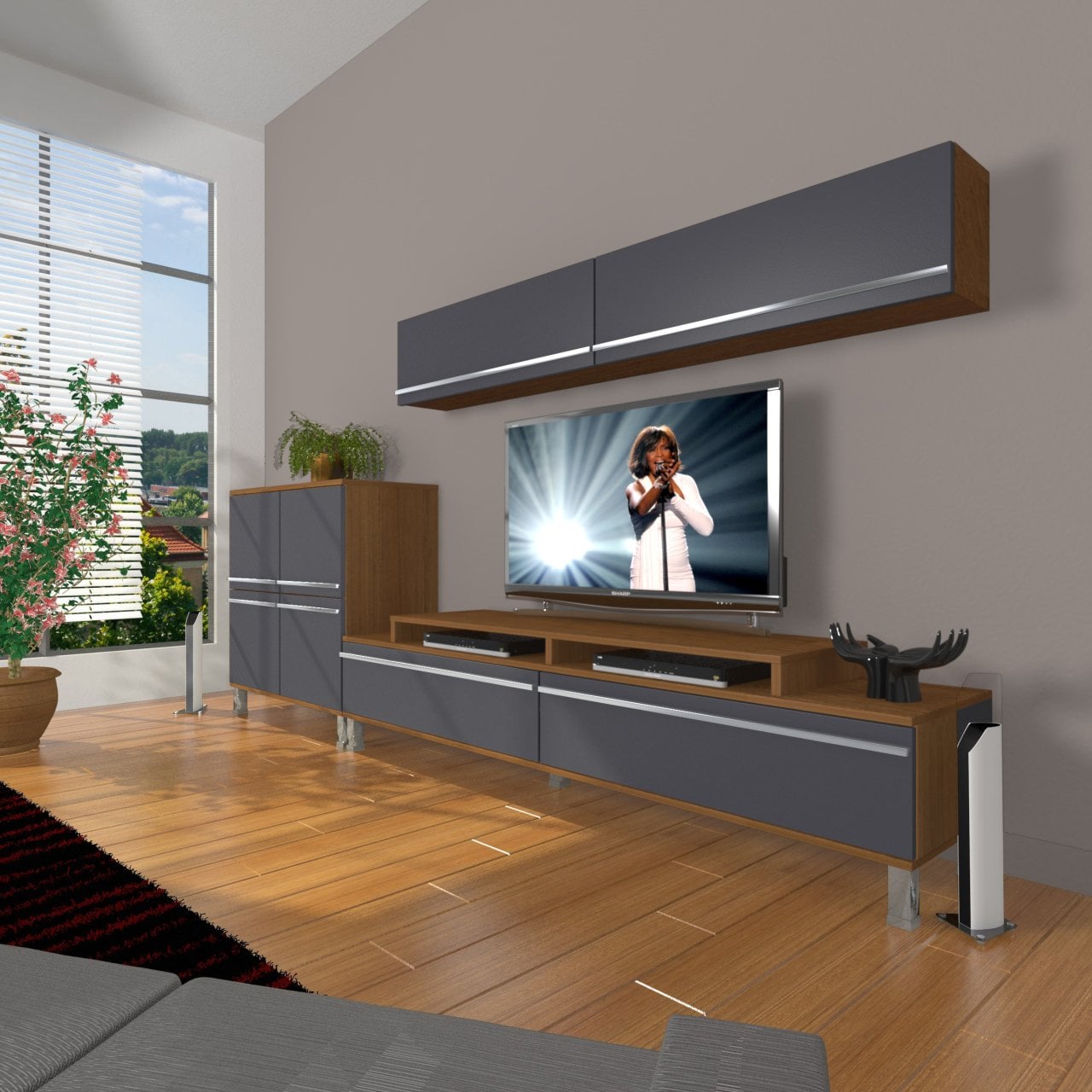 Decoraktiv Ekoflex 6Y Mdf Krom Ayaklı Tv Ünitesi Tv Sehpası Ceviz - Antrasit