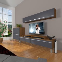 Decoraktiv Ekoflex 6Y Mdf Krom Ayaklı Tv Ünitesi Tv Sehpası Ceviz - Antrasit