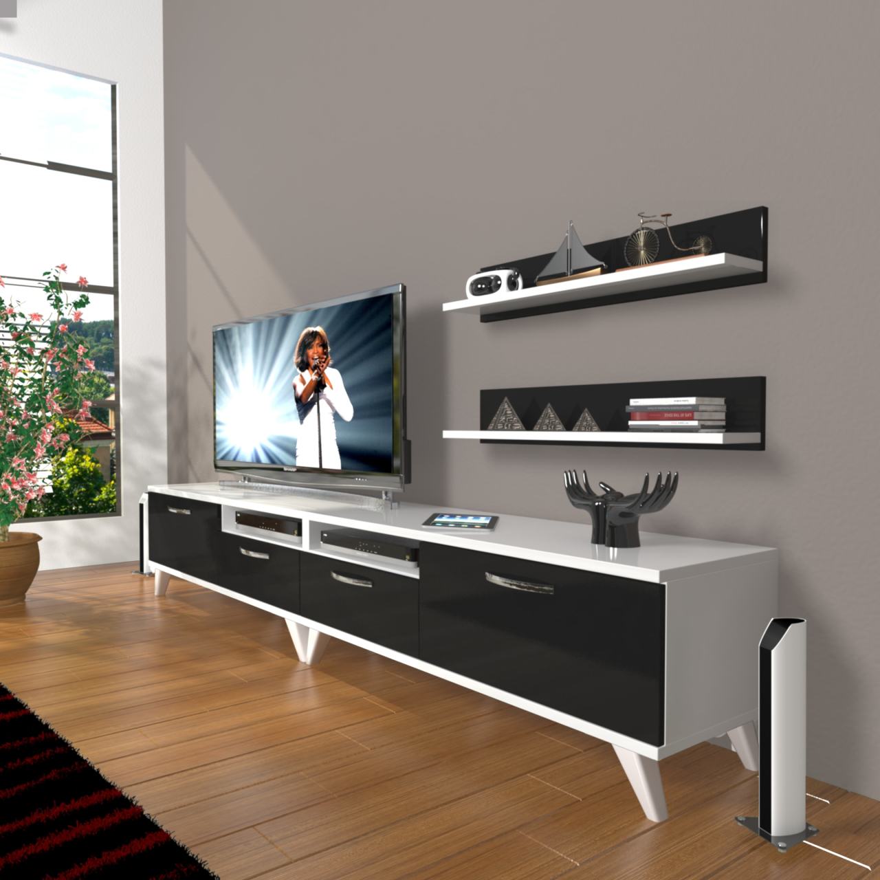 Decoraktiv Eko 220r Slm Retro Tv Ünitesi Tv Sehpası Beyaz - Siyah