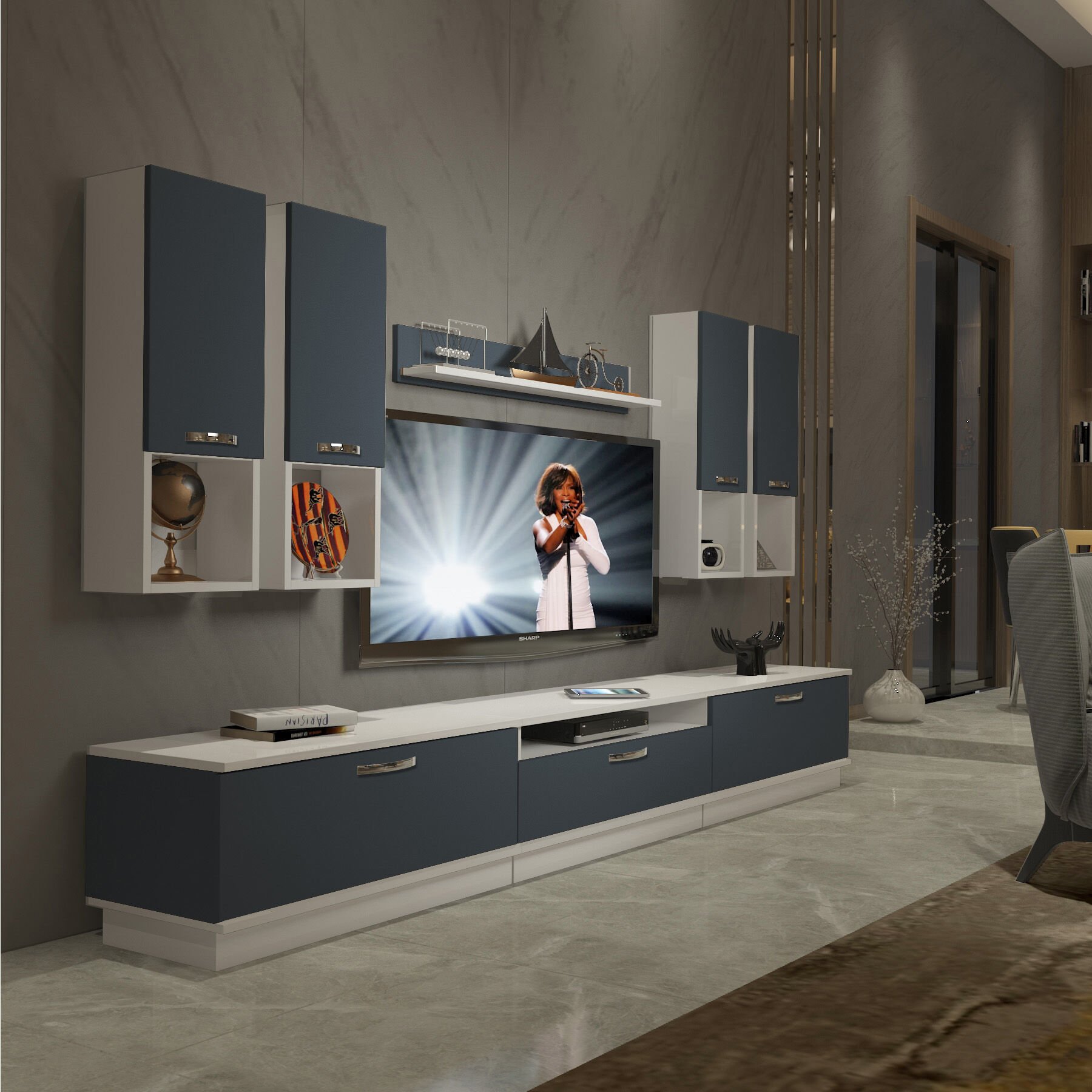 Decoraktiv Trendstyle 8DA Mdf Tv Ünitesi Tv Sehpası Beyaz - Antrasit