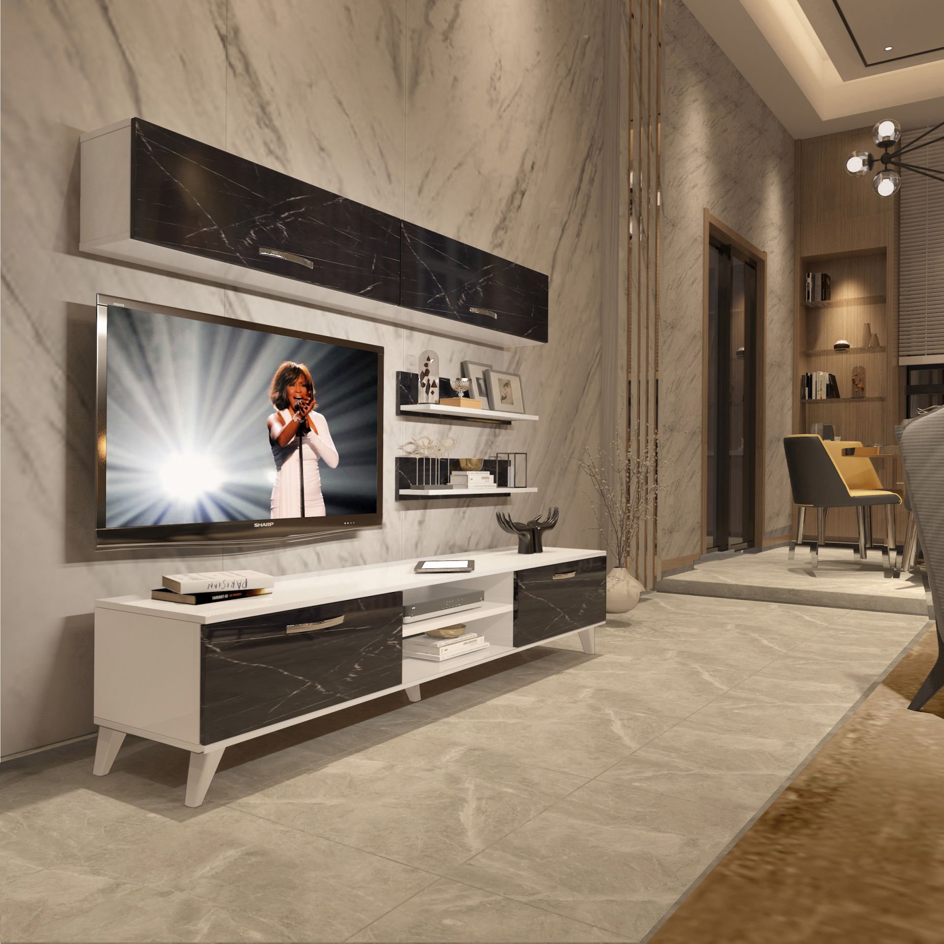 Decoraktiv Eko 5 Mdf Dvd Retro Tv Ünitesi Tv Sehpası Beyaz - Siyah Mermer
