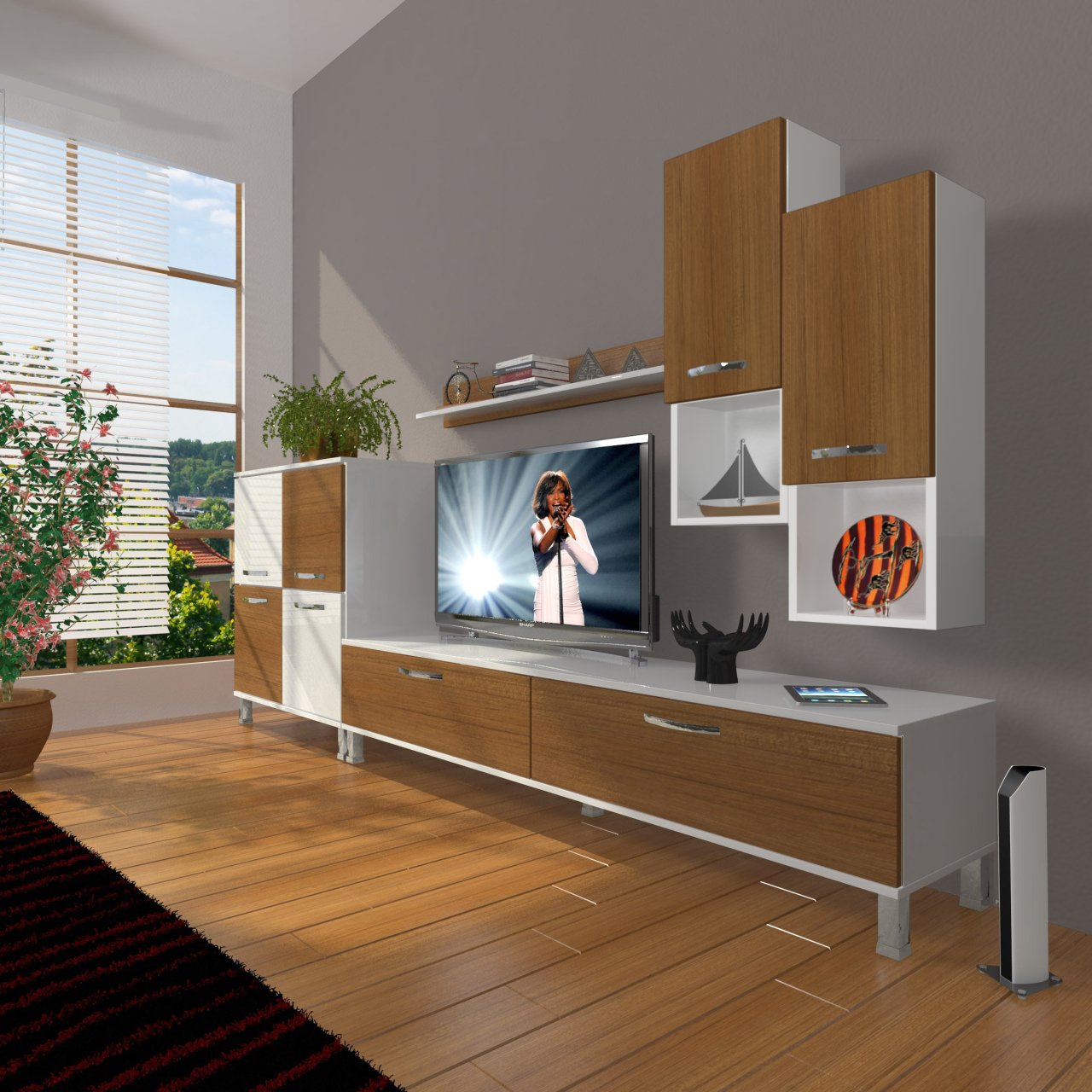 Decoraktiv Eko 6DA Slm Std Krom Ayaklı Tv Ünitesi Tv Sehpası Beyaz - Ceviz