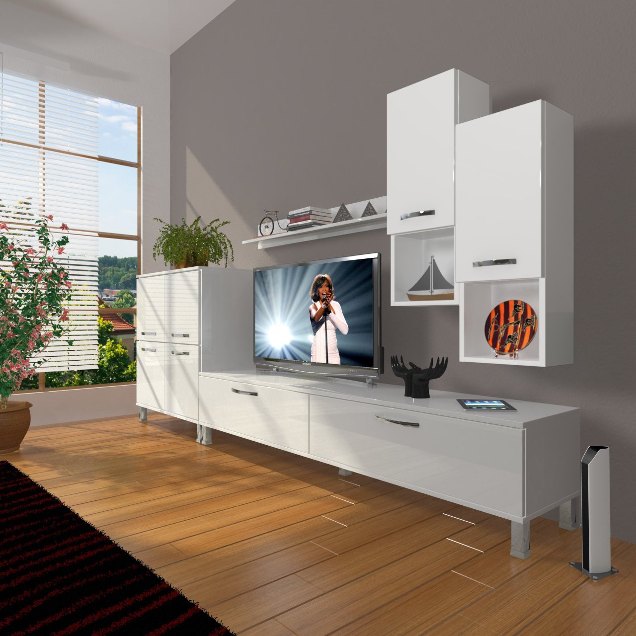 Decoraktiv Eko 6DA Slm Std Krom Ayaklı Tv Ünitesi Tv Sehpası Parlak Beyaz