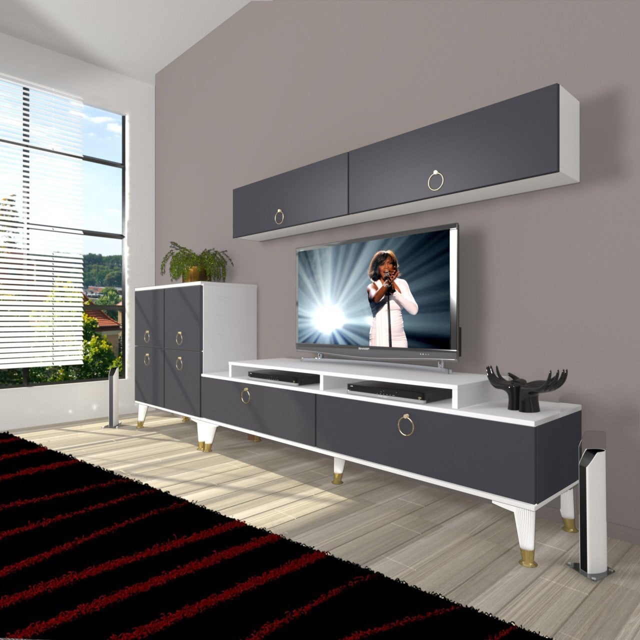 Decoraktiv Ekoflex 6Y Mdf Gold Tv Ünitesi Tv Sehpası Beyaz - Antrasit