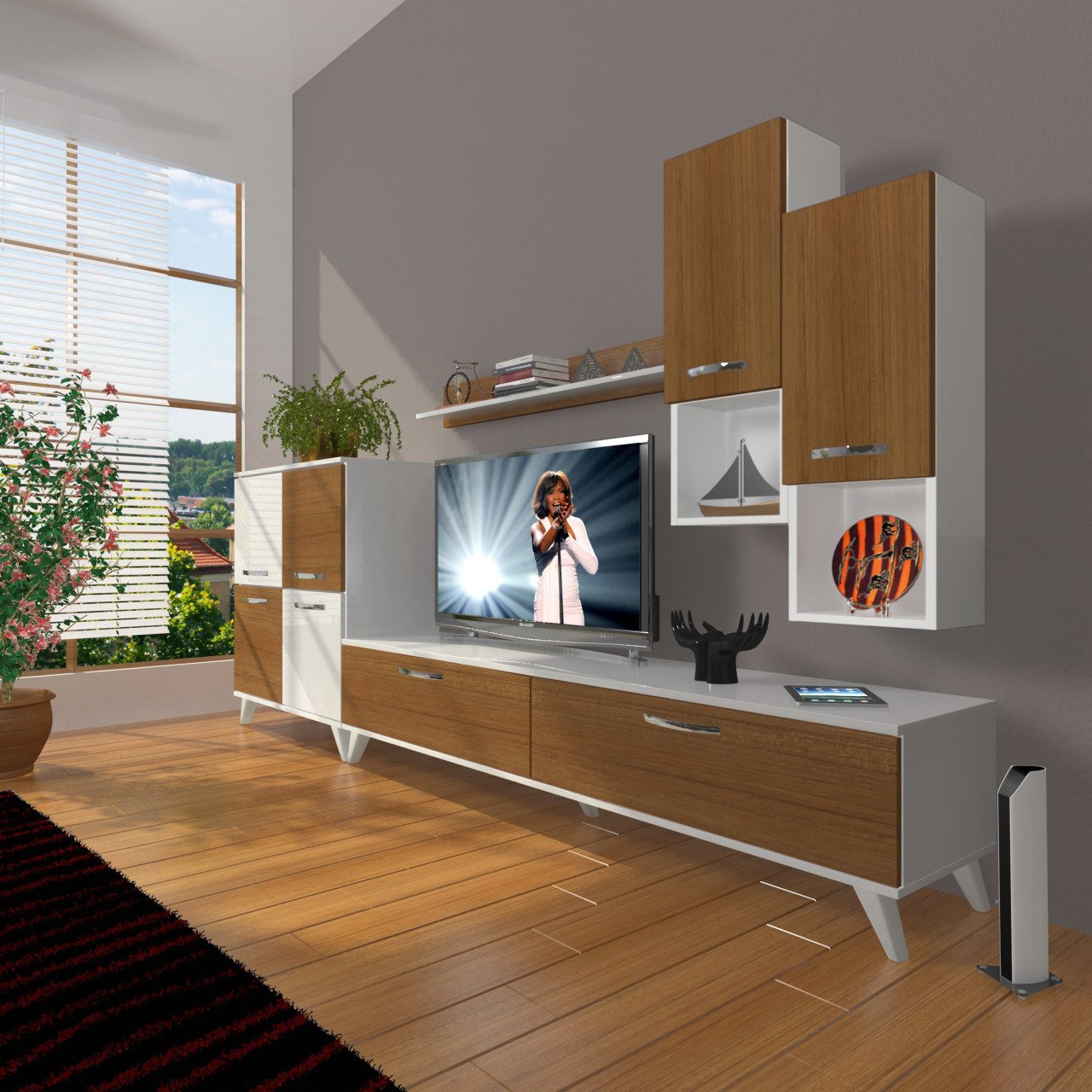 Decoraktiv Eko 6DA Slm Std Retro Tv Ünitesi Tv Sehpası Beyaz - Ceviz