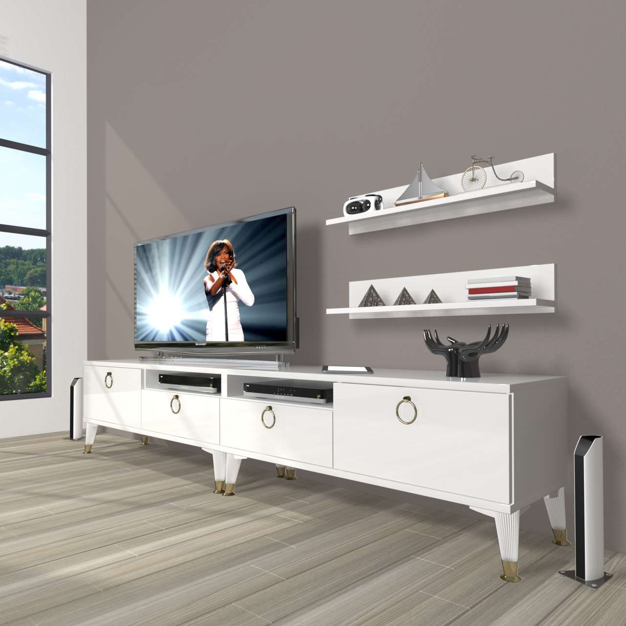 Decoraktiv Eko 220r Mdf Gold Tv Ünitesi Tv Sehpası Parlak Beyaz