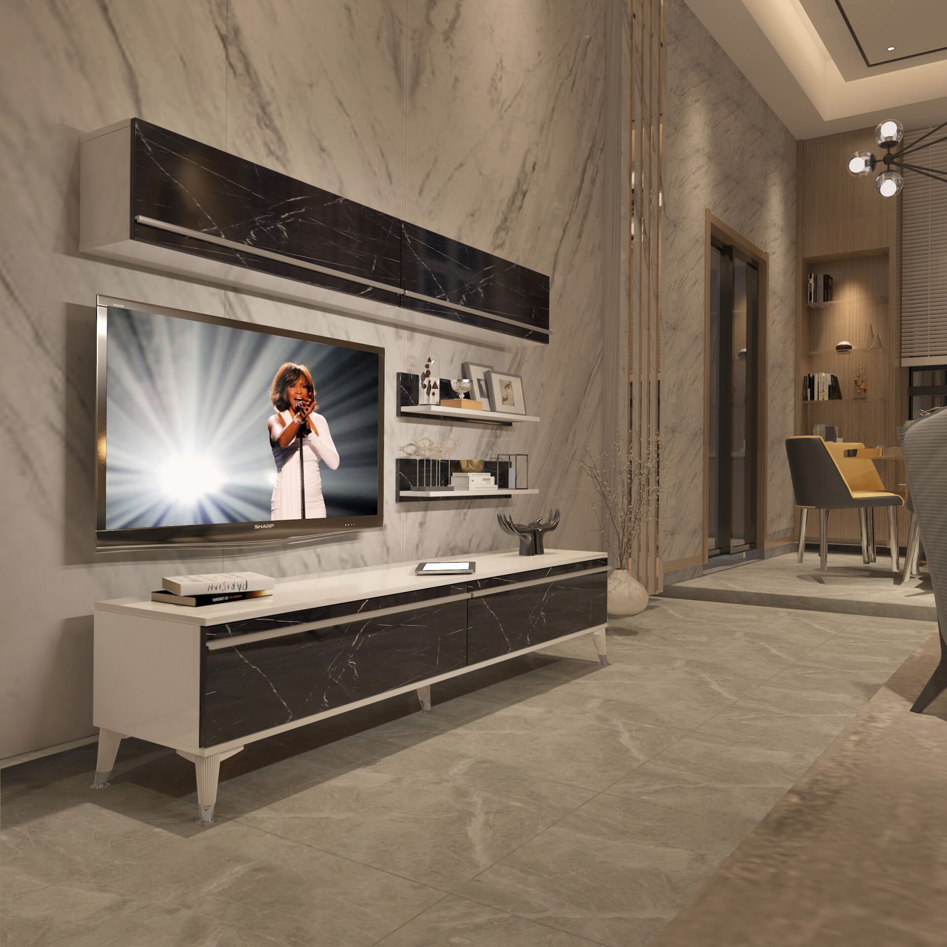 Decoraktiv Eko 5 Mdf Std Silver Tv Ünitesi Tv Sehpası Beyaz - Siyah Mermer