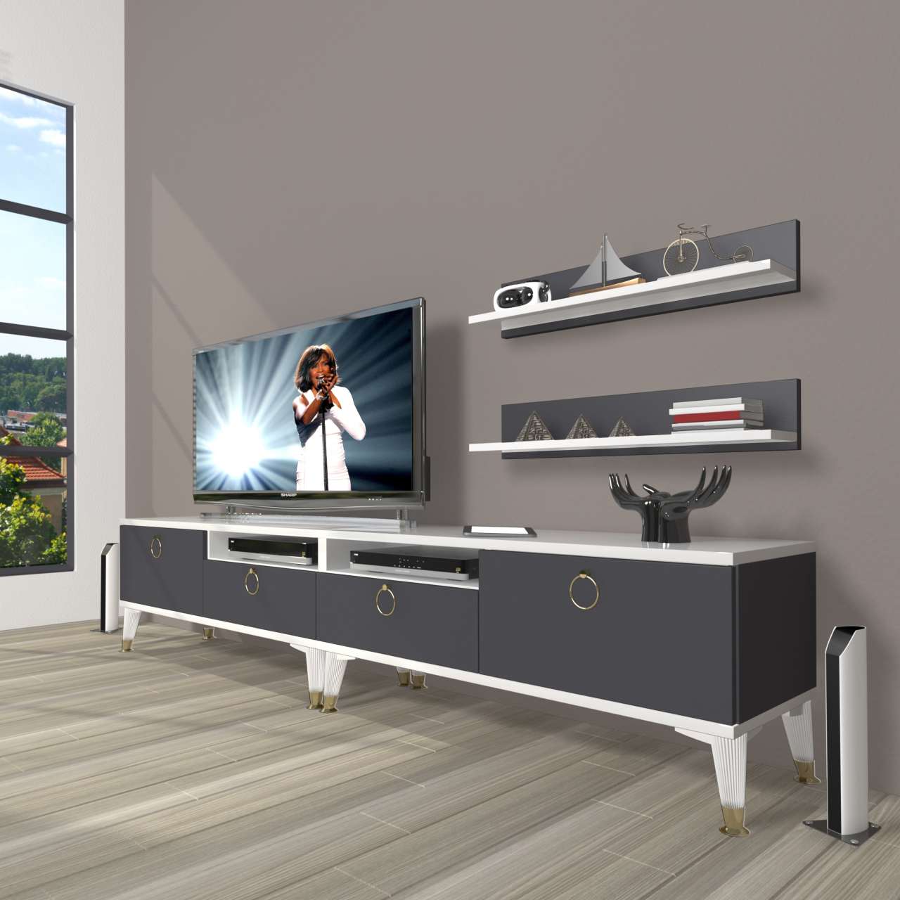 Decoraktiv Eko 220r Mdf Gold Tv Ünitesi Tv Sehpası Beyaz - Antrasit