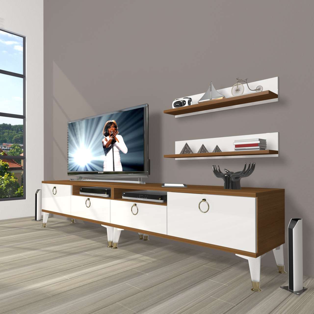 Decoraktiv Eko 220r Mdf Gold Tv Ünitesi Tv Sehpası Ceviz - Beyaz