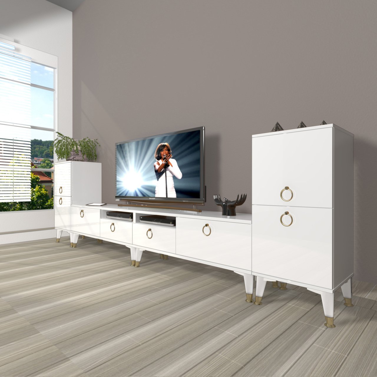 Decoraktiv Eko 9220 Mdf Gold Tv Ünitesi Tv Sehpası Parlak Beyaz