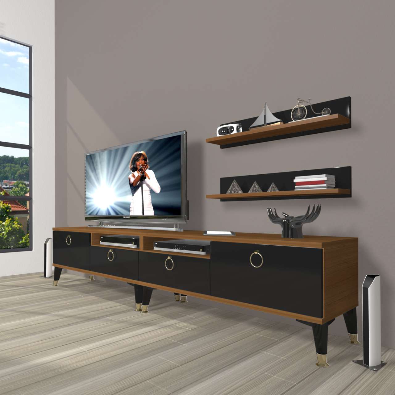 Decoraktiv Eko 220r Mdf Gold Tv Ünitesi Tv Sehpası Ceviz - Siyah