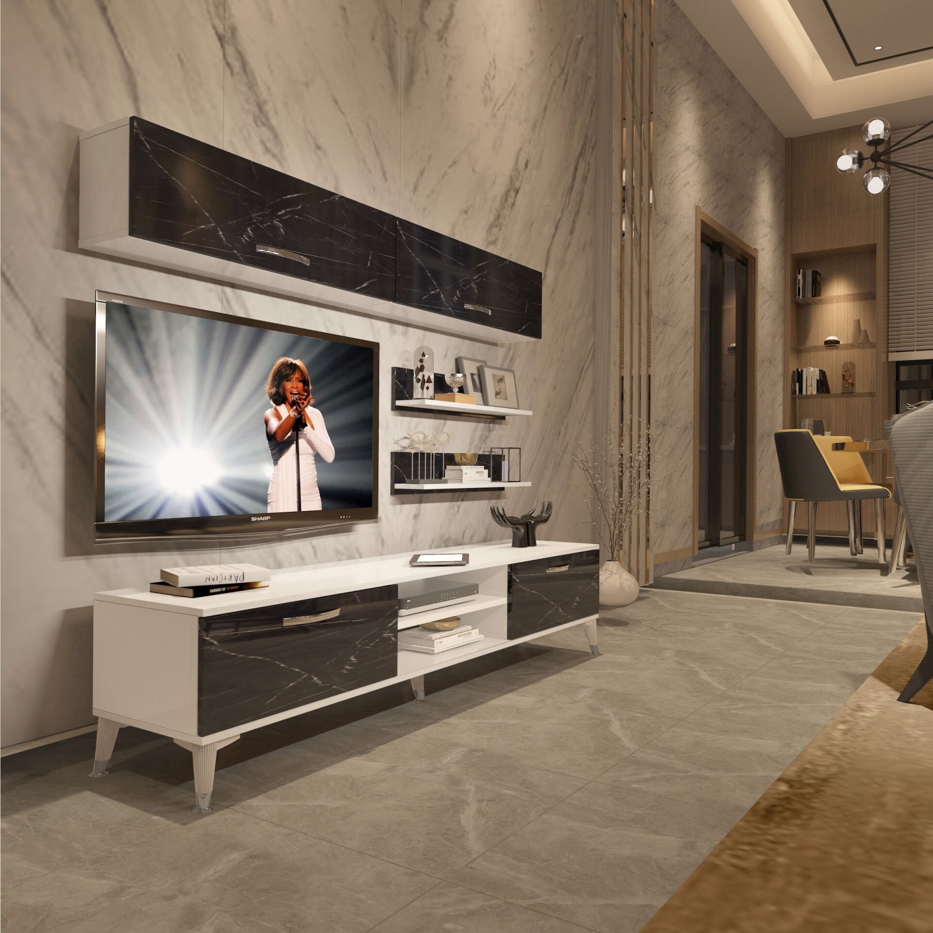 Decoraktiv Eko 5 Mdf Dvd Silver Tv Ünitesi Tv Sehpası Beyaz - Siyah Mermer